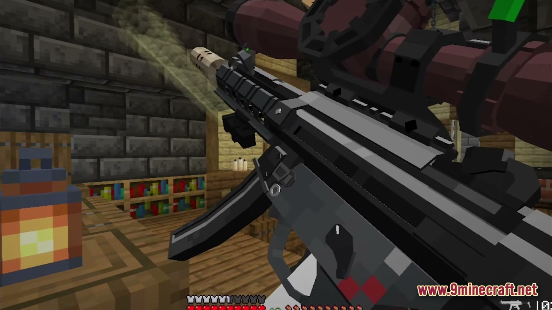 Guns And Poses GAP Modpack Screenshot 3 A first-person view of a detailed submachine gun being fired inside a stone and wooden building