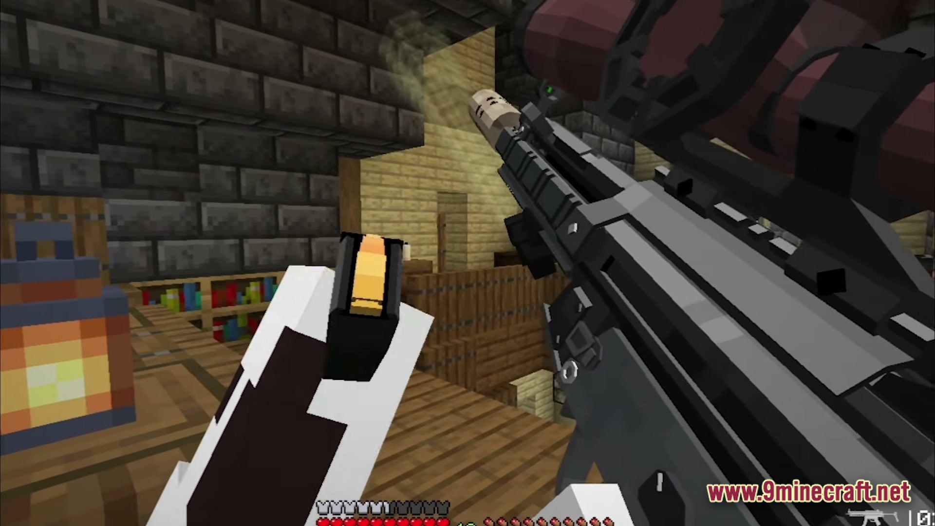 Guns And Poses GAP Modpack Screenshot 4 A first-person view of a player reloading a scoped firearm inside a wooden and stone structure