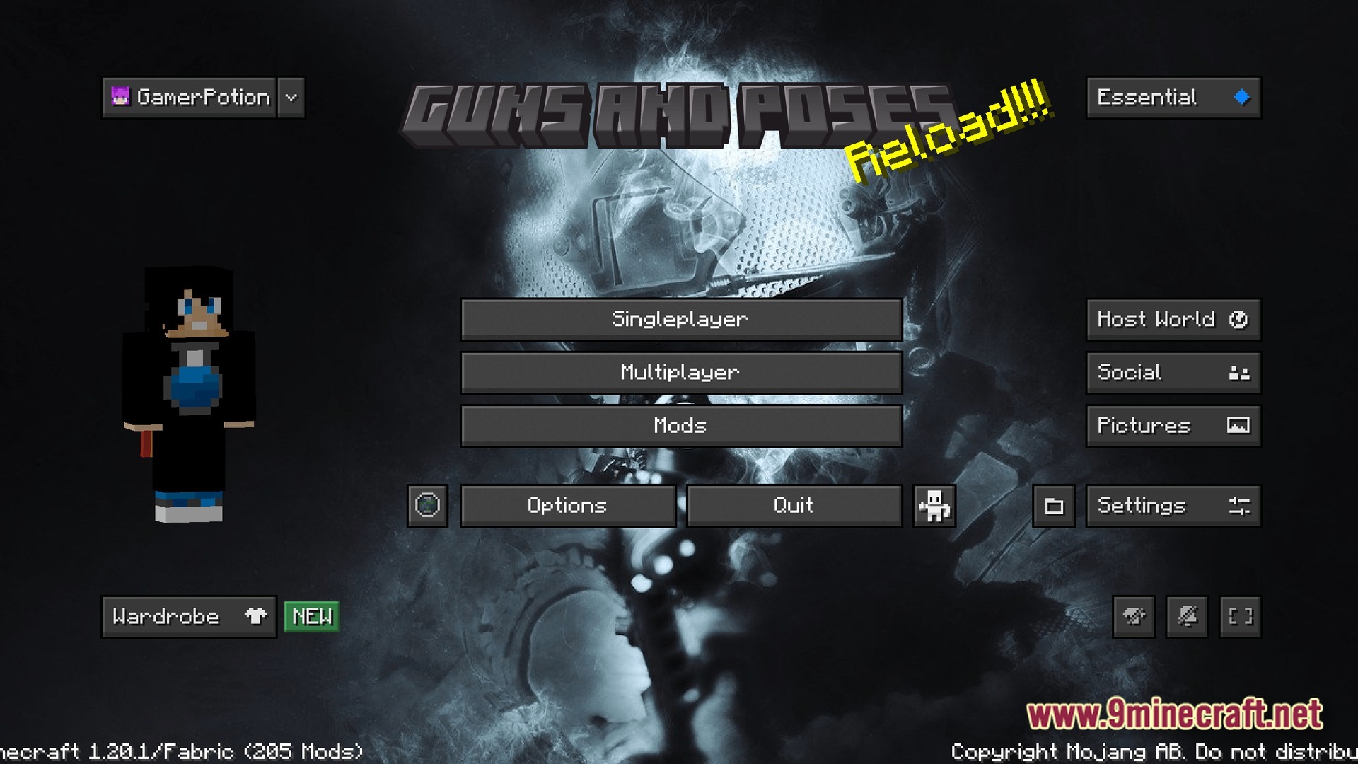 Guns And Poses GAP Modpack Screenshot 7 The main menu of the Guns And Poses modpack featuring a custom background and character preview