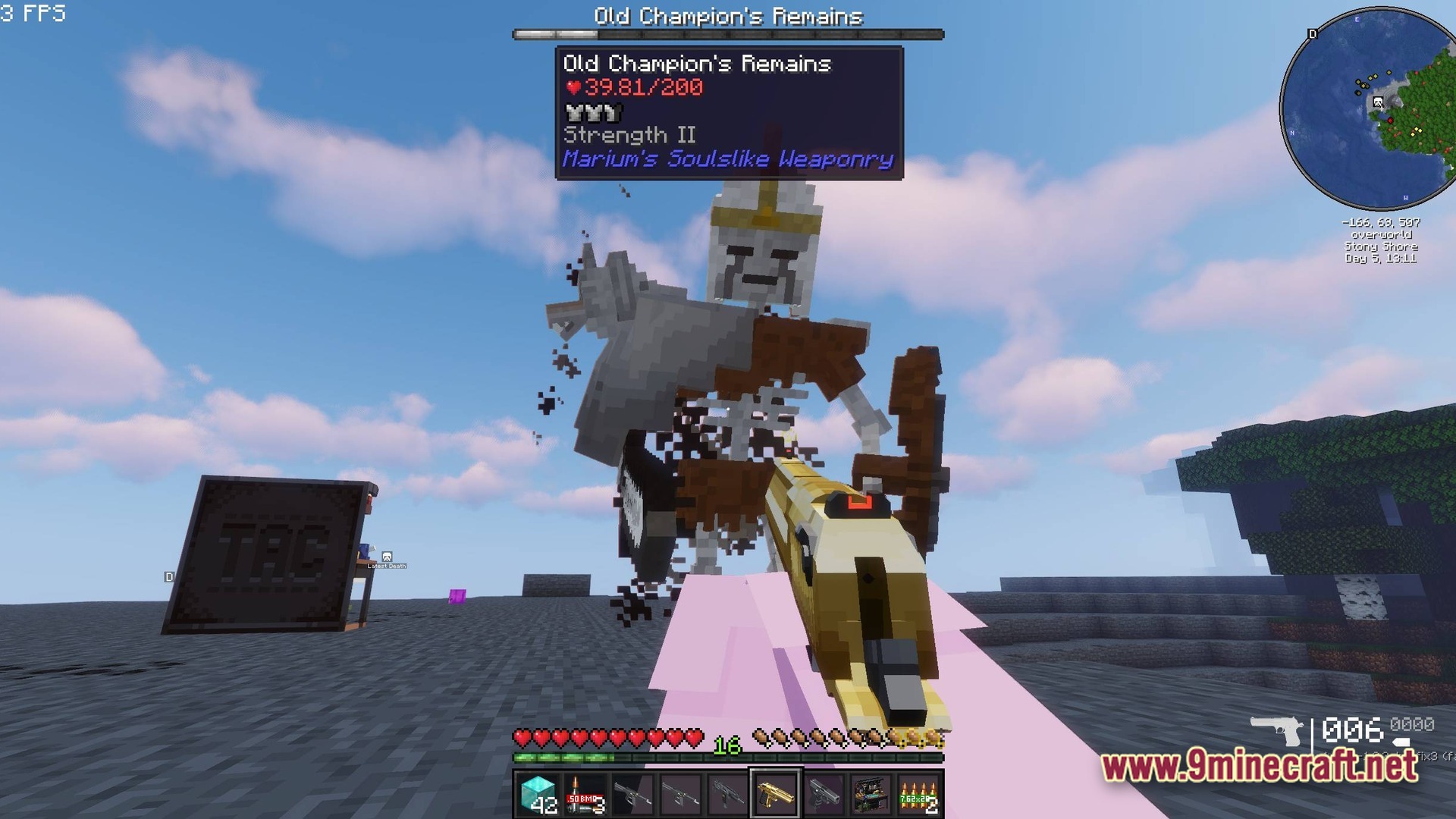 Guns And Poses GAP Modpack Screenshot 8 A player aims a golden handgun at the Old Champion's Remains boss in a stony biome