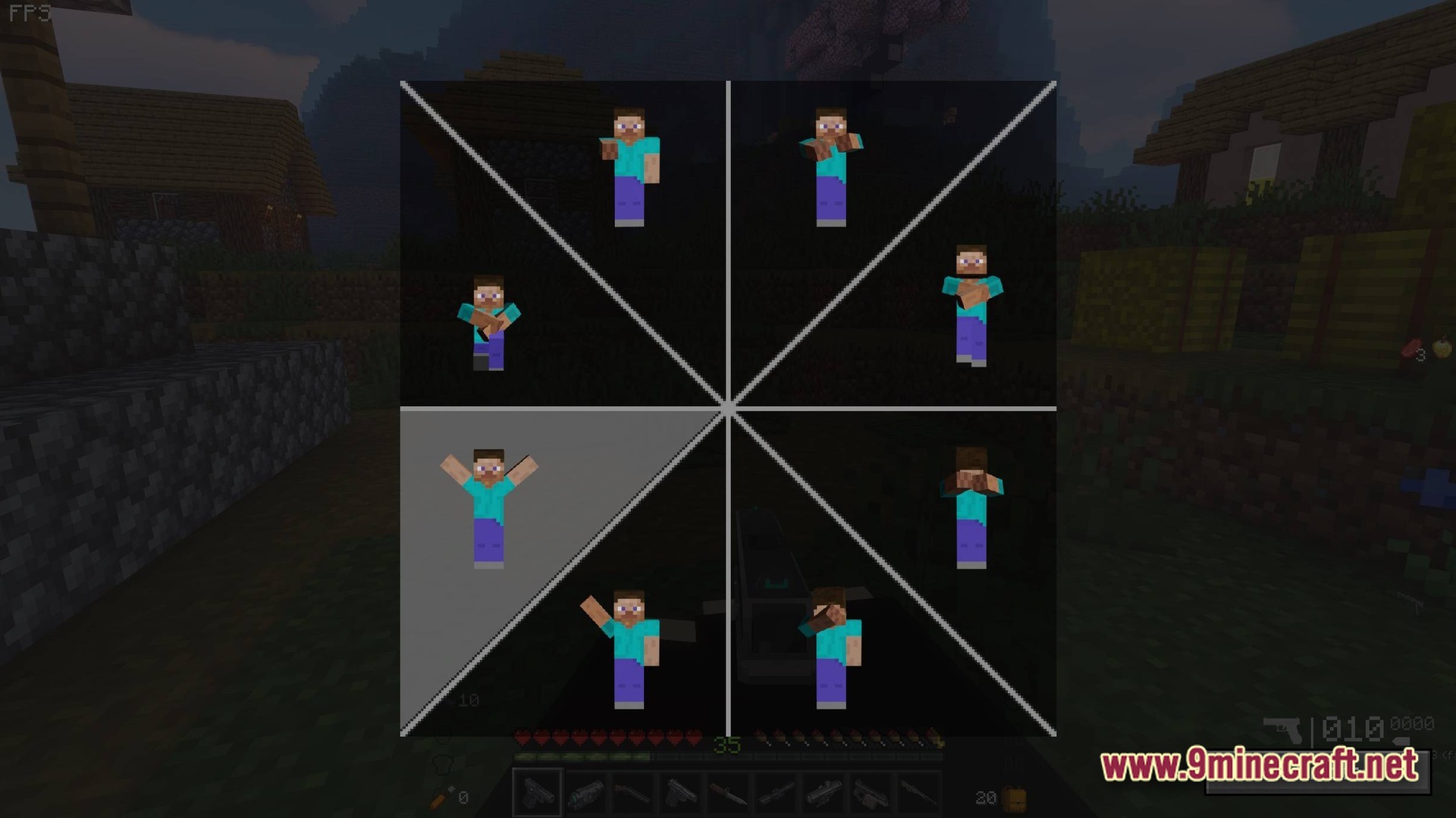 Guns And Poses GAP Modpack Screenshot 9 A radial emote selection menu featuring various character poses overlaid on a village background