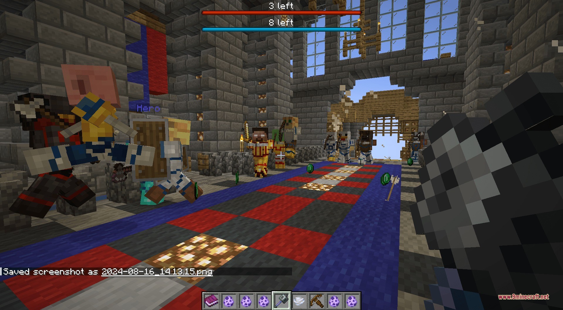 Guns Gadgetery & Mission Editor Data Pack Screenshot 10 Players and custom mobs battle inside a castle with a checkered carpet