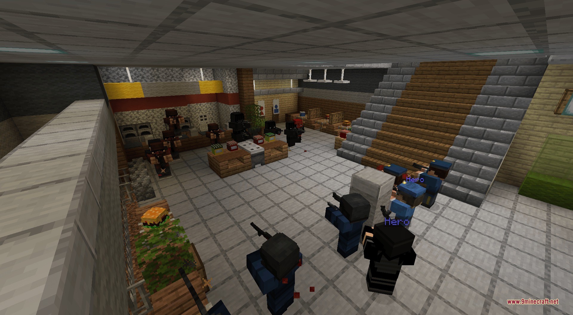 Guns Gadgetery & Mission Editor Data Pack Screenshot 9 Tactical mobs and police officers engage in a shootout inside a modern building