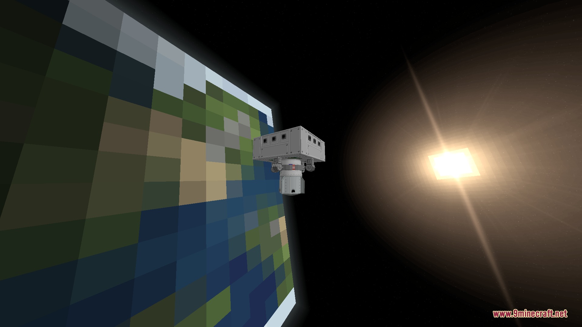 HBM's NTM Nuclear Tech Reforged Mod Screenshot 3 A small satellite orbiting a pixelated planet with the sun in space