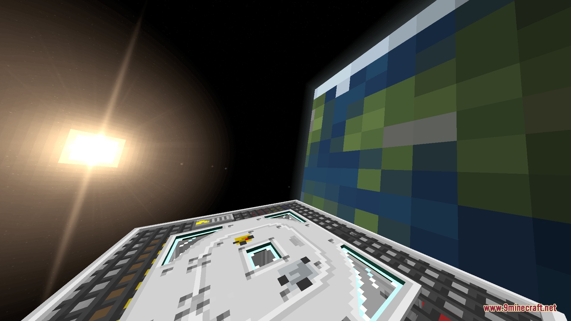 A space station platform overlooking a pixelated planet with a bright sun