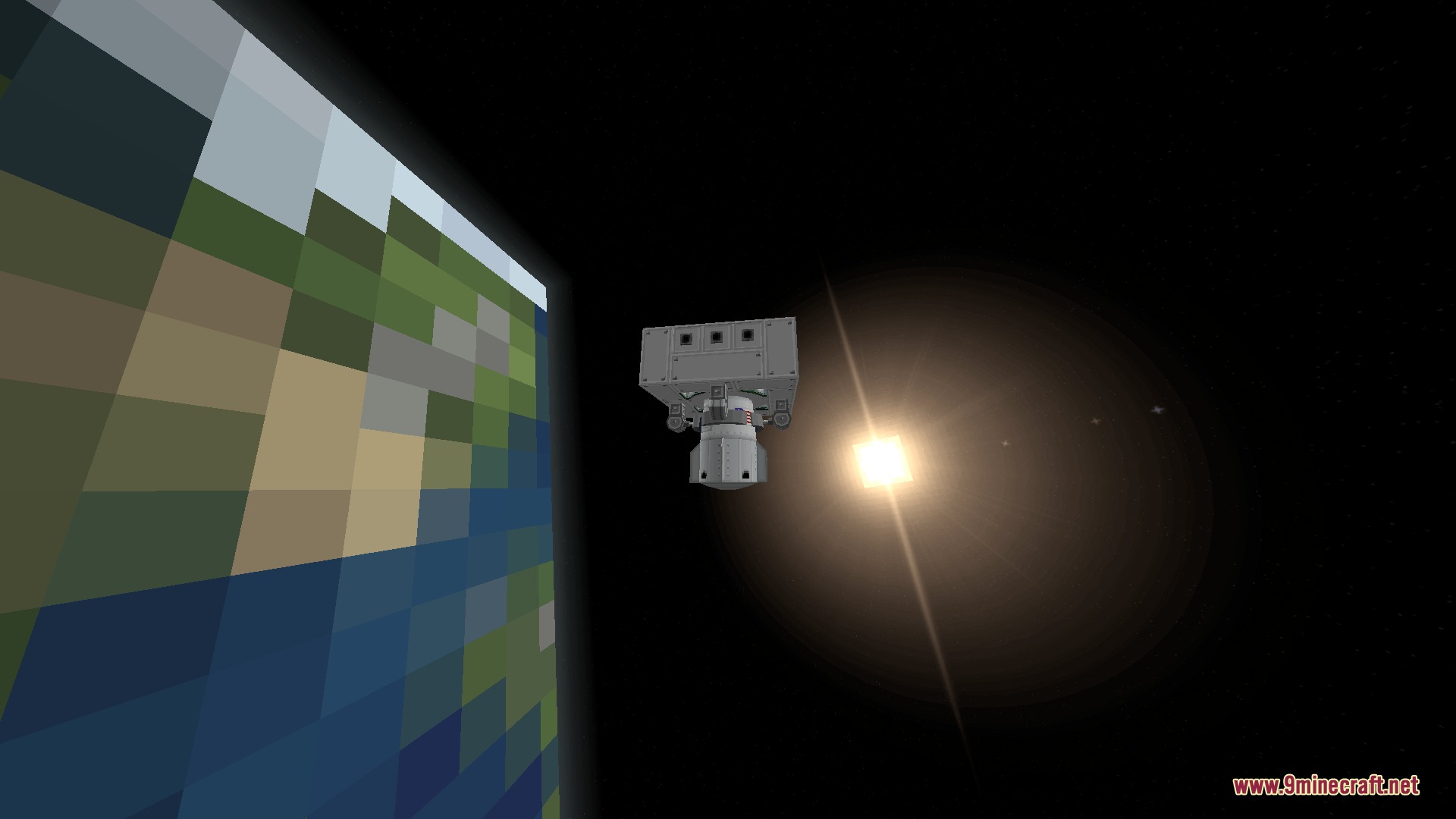 A satellite orbits a pixelated Earth with a bright sun in space