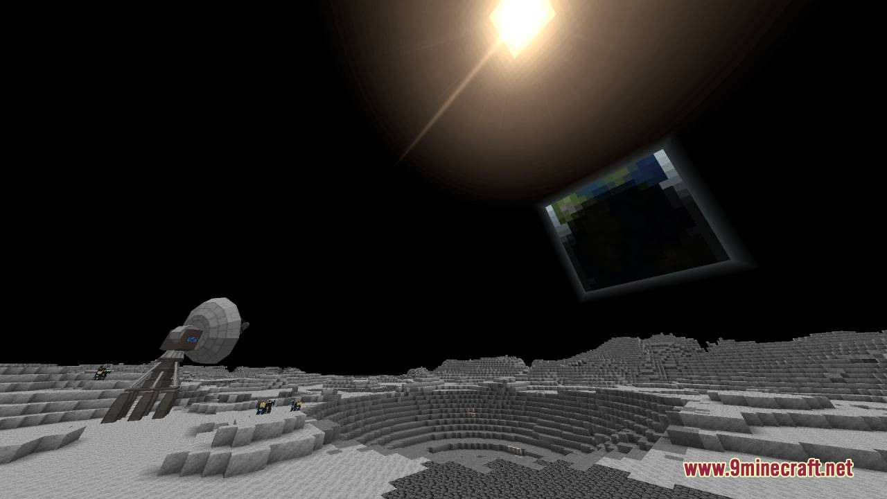 A large satellite dish on the moon surface under the Earth and sun
