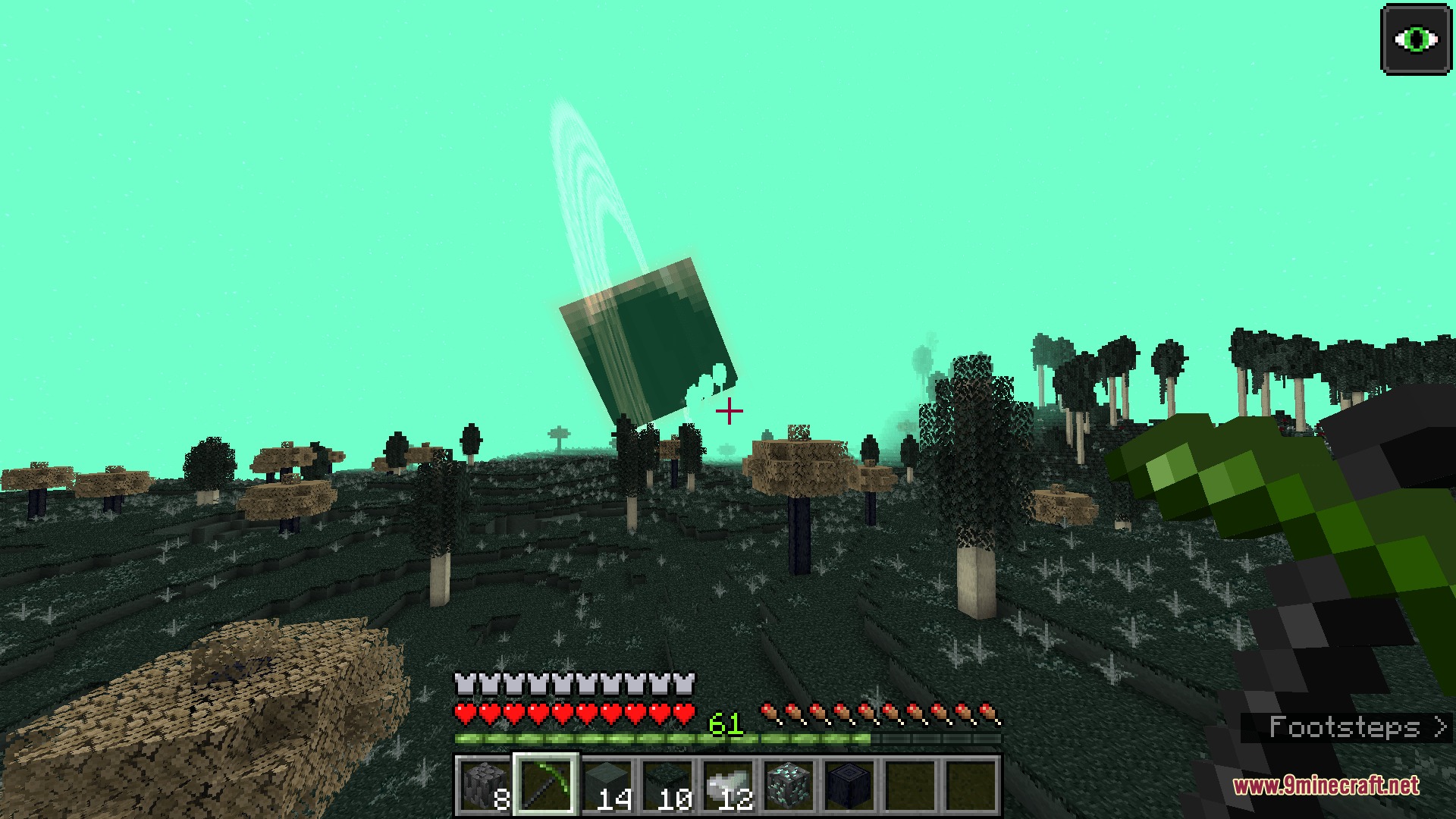 Exploring the green alien landscape of planet Tekto under a ringed square moon