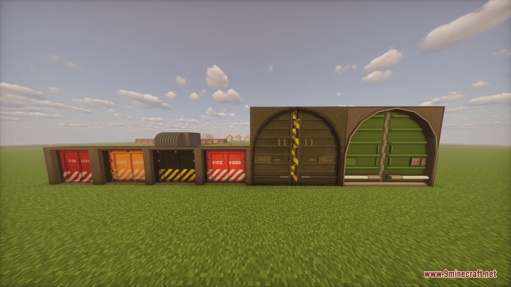 HBM's Nuclear Tech Modernized Mod Screenshot 1 Various industrial blast doors from the HBM Nuclear Tech Modernized Mod on grass