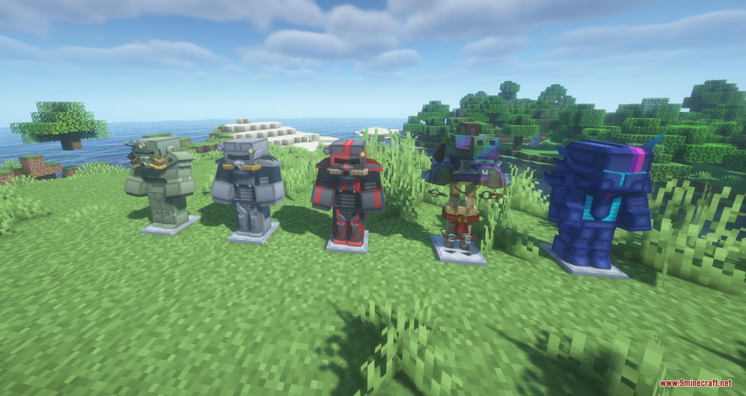 HBM's Nuclear Tech Modernized Mod Screenshot 6 Five sets of advanced power armor displayed on stands in a green field