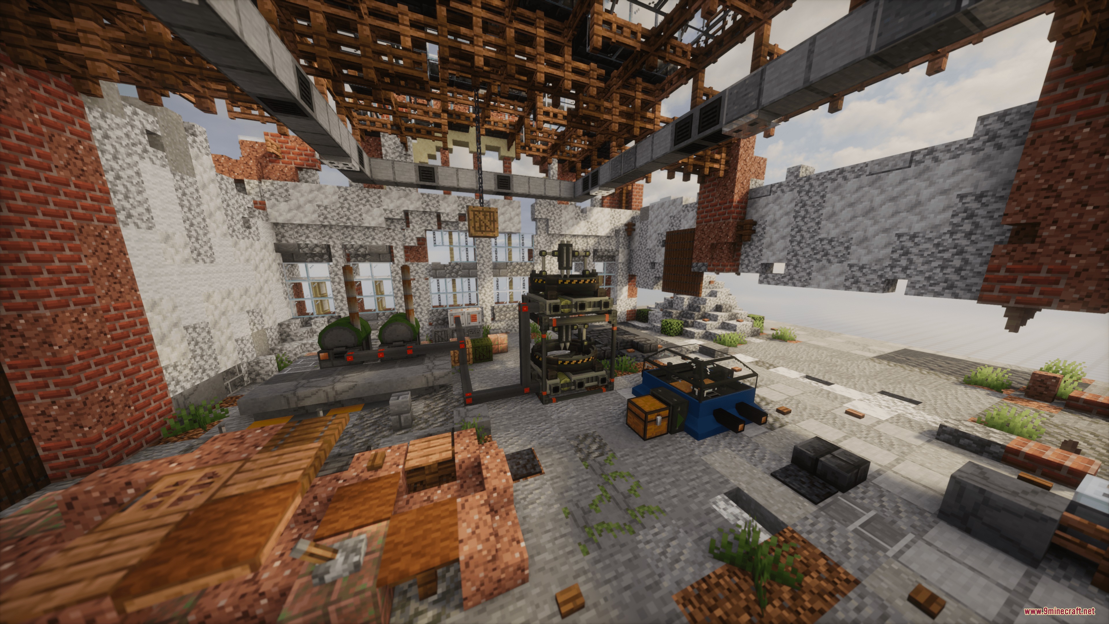 HBM's Nuclear Tech Modernized Mod Screenshot 7 Large industrial machines and equipment inside a ruined factory with broken walls