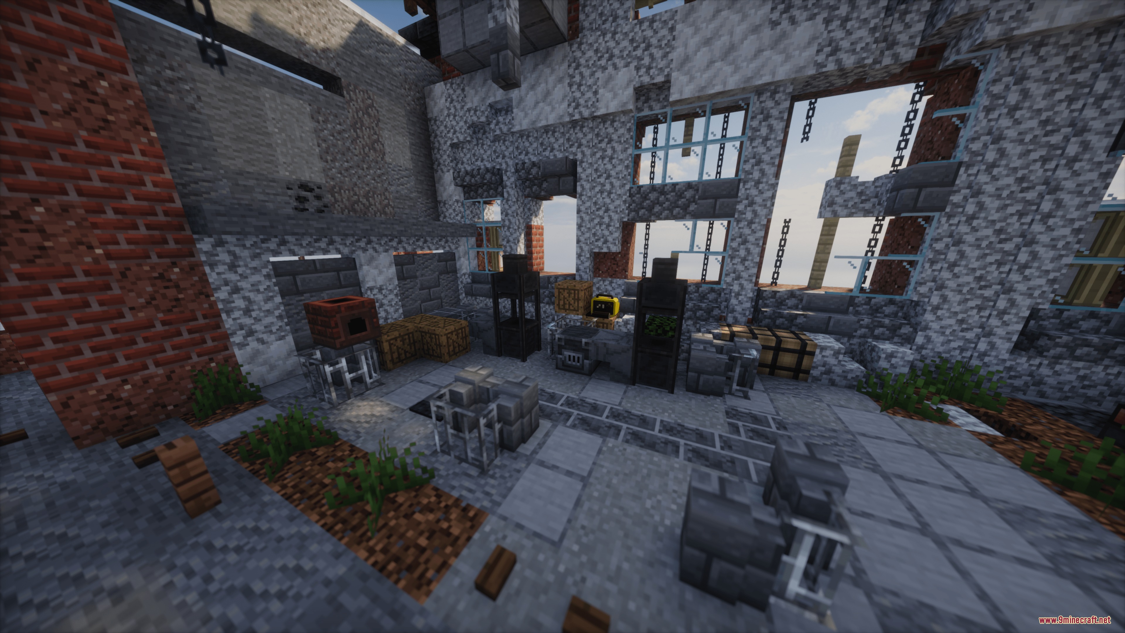 HBM's Nuclear Tech Modernized Mod Screenshot 8 Industrial machinery and crafting blocks placed inside a damaged stone brick building