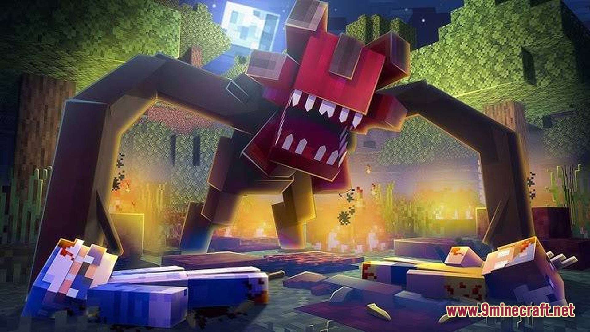 HORROR Modpack Screenshot 10 A large red-headed monster stands over defeated players in a dark forest at night