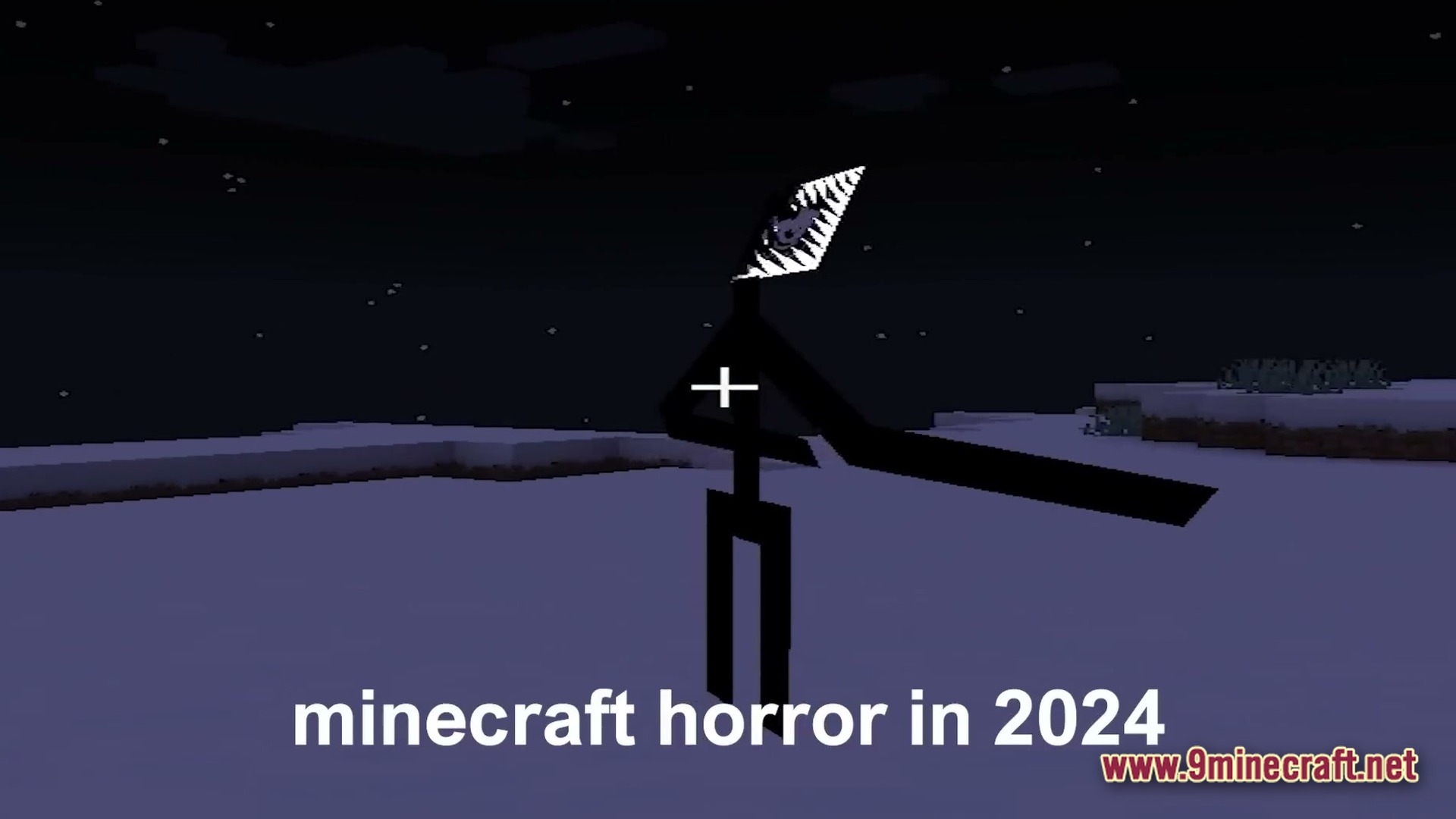 HORROR Modpack Screenshot 5 A tall, black stick-like creature with a jagged white head stands in a snowy Minecraft biome