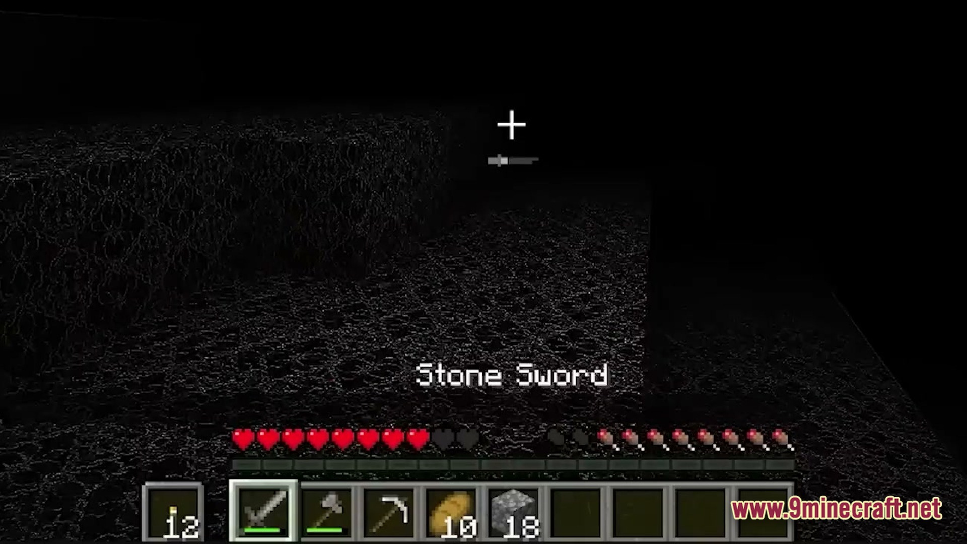 HORROR Modpack Screenshot 6 A player holds a stone sword while exploring a pitch-black environment with textured dark blocks