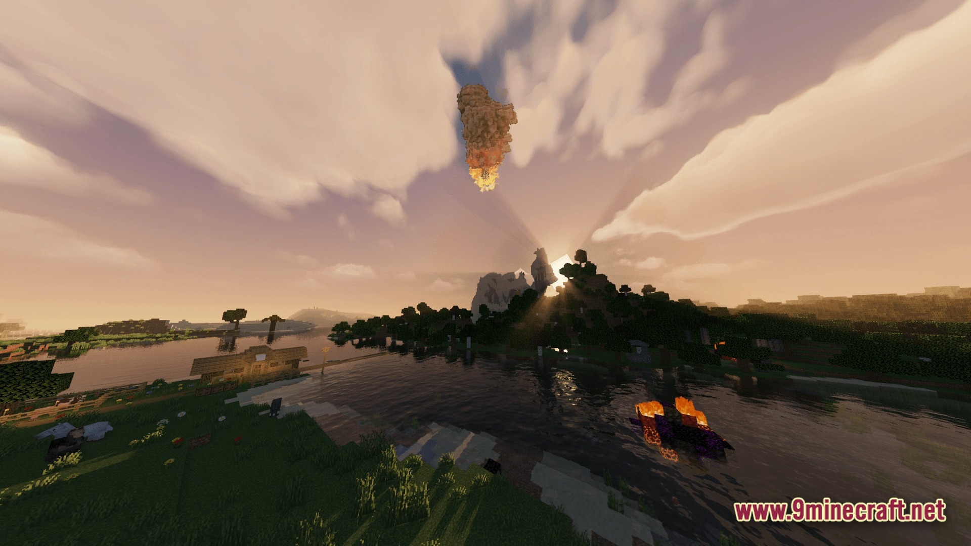 HORROR Modpack Screenshot 8 A flaming meteor falls from the sky over a river landscape during a sunset