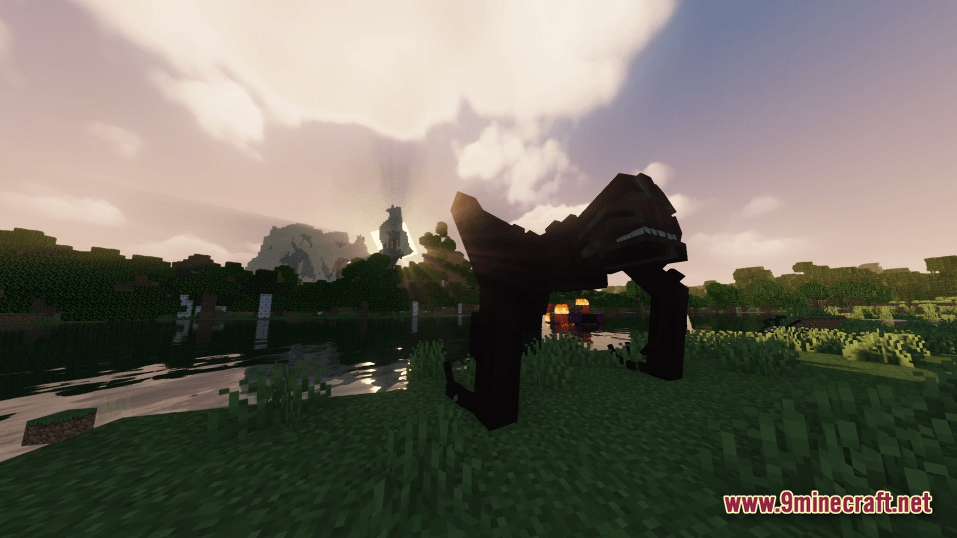 HORROR Modpack Screenshot 9 A large, dark creature stands on a grassy riverbank under a bright, cloudy sky