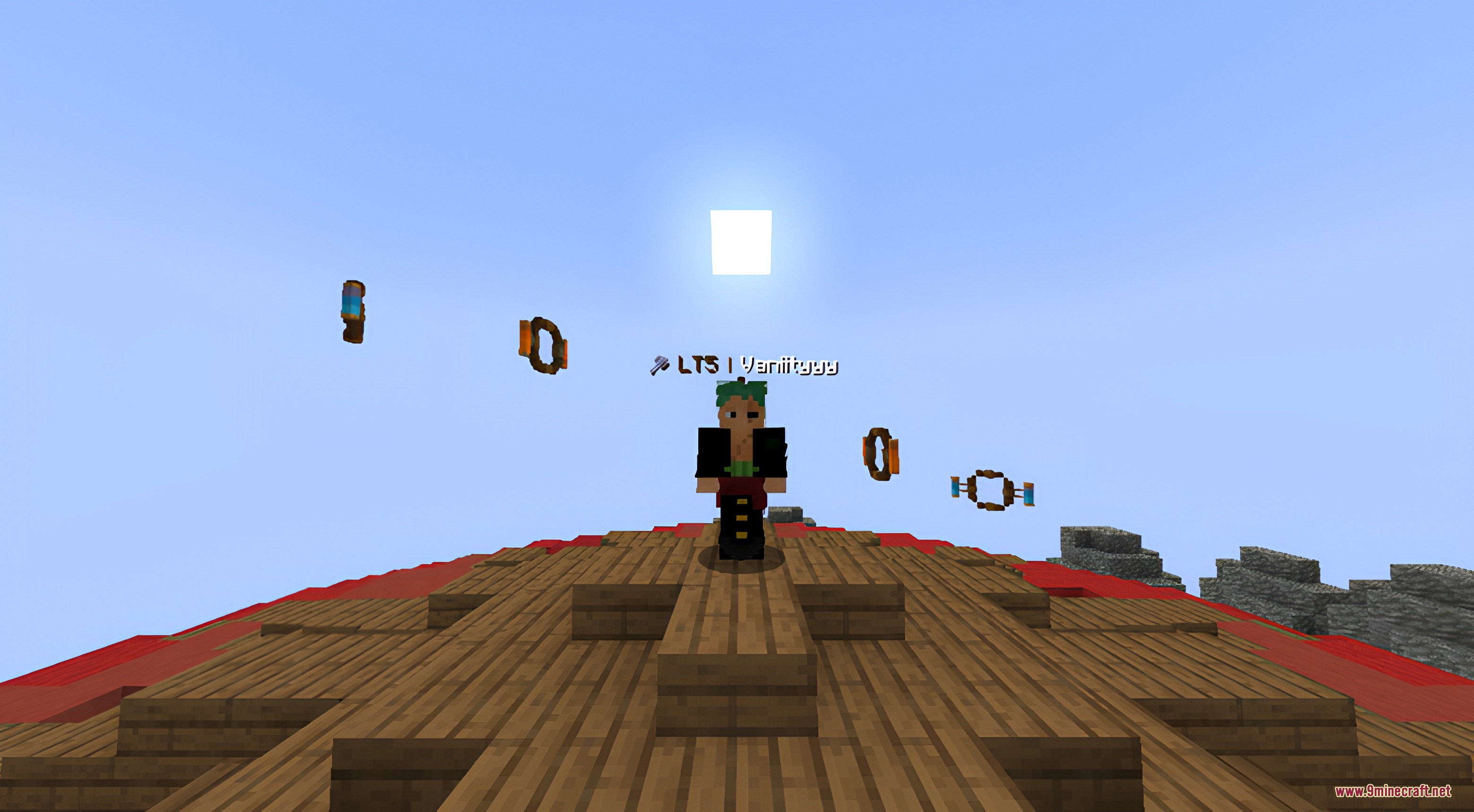 HQ Tiers Mod Screenshot 1 A Minecraft player standing on a ship with floating rank icons