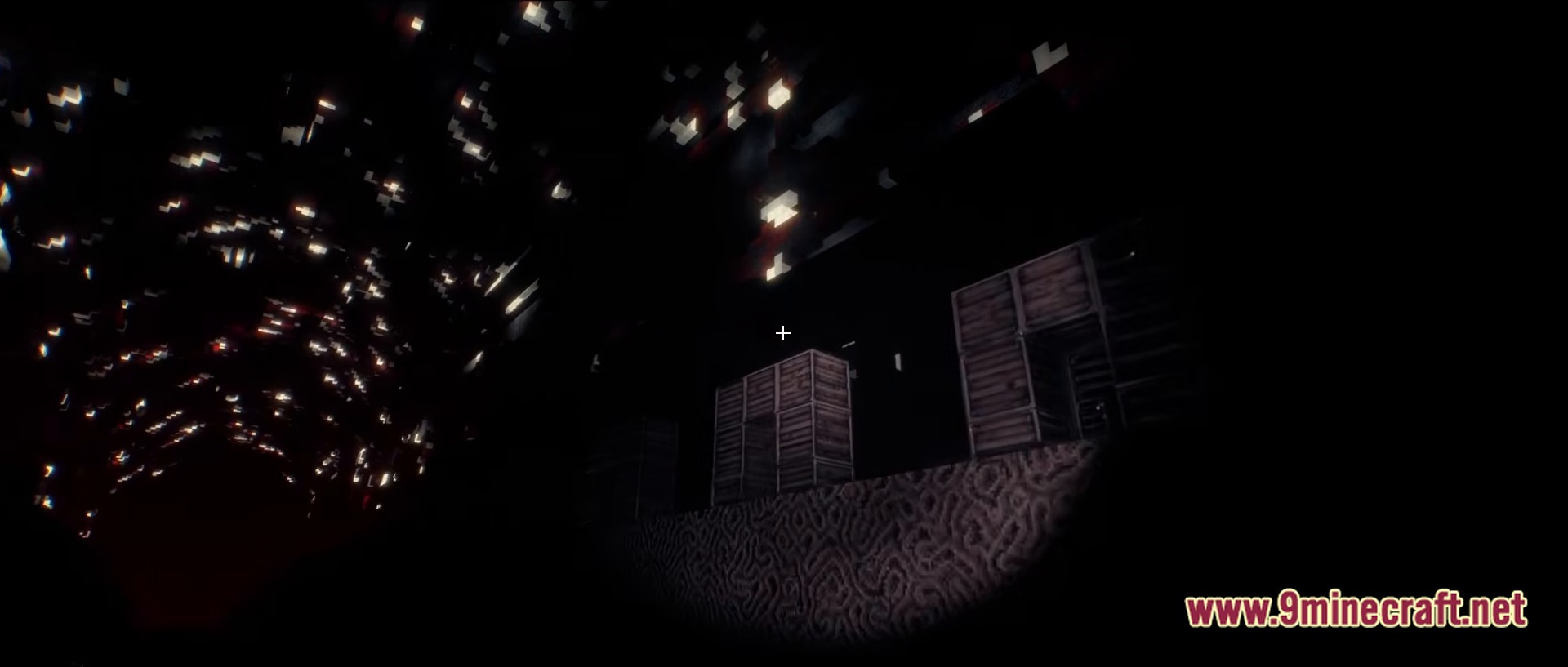 HYPNOPHOBIA Map Modpack Screenshot 10 A dark tunnel with glowing particles and wooden structures on a textured platform