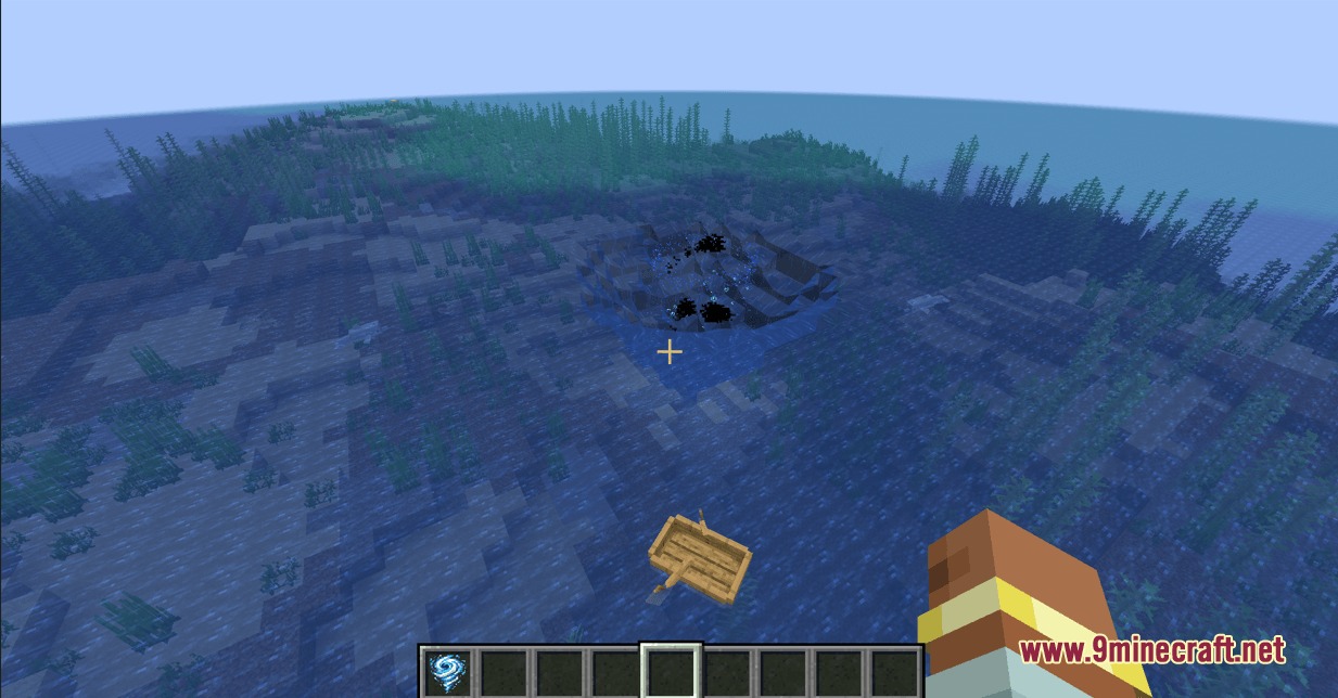 Hadopelagic Reach Mod Screenshot 1 A player looks down at a dark typhoon whirlpool and a wooden boat