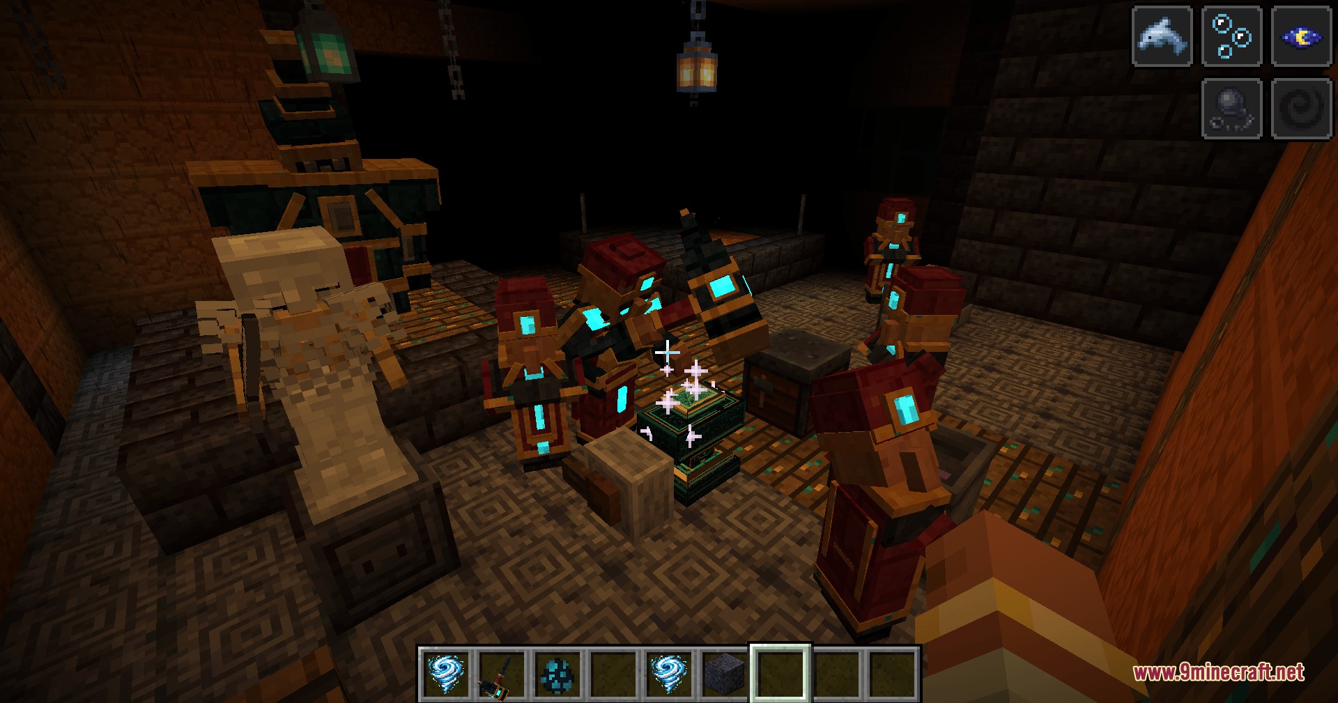 Hadopelagic Reach Mod Screenshot 3 Small red robed figures gather around a glowing anvil to craft powerful gear