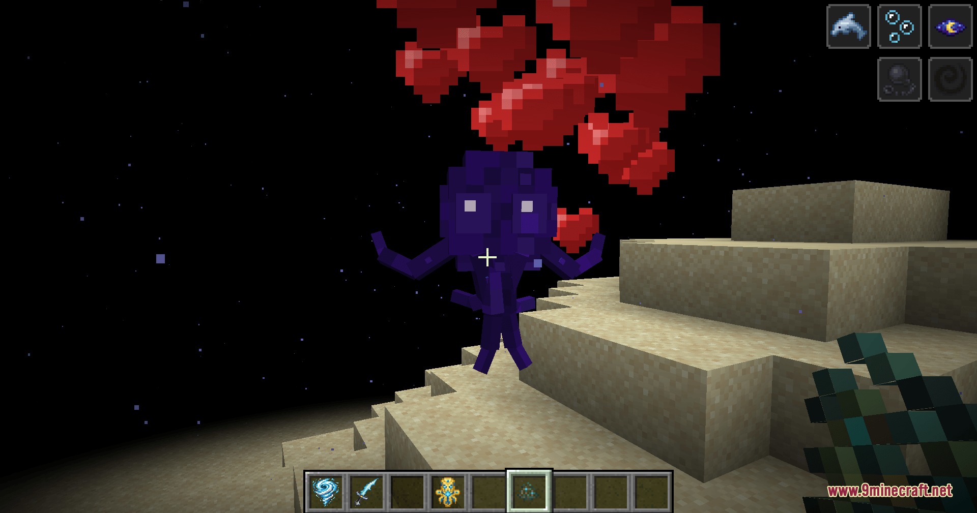Hadopelagic Reach Mod Screenshot 4 A small purple kraken floats in the dark surrounded by red heart particles