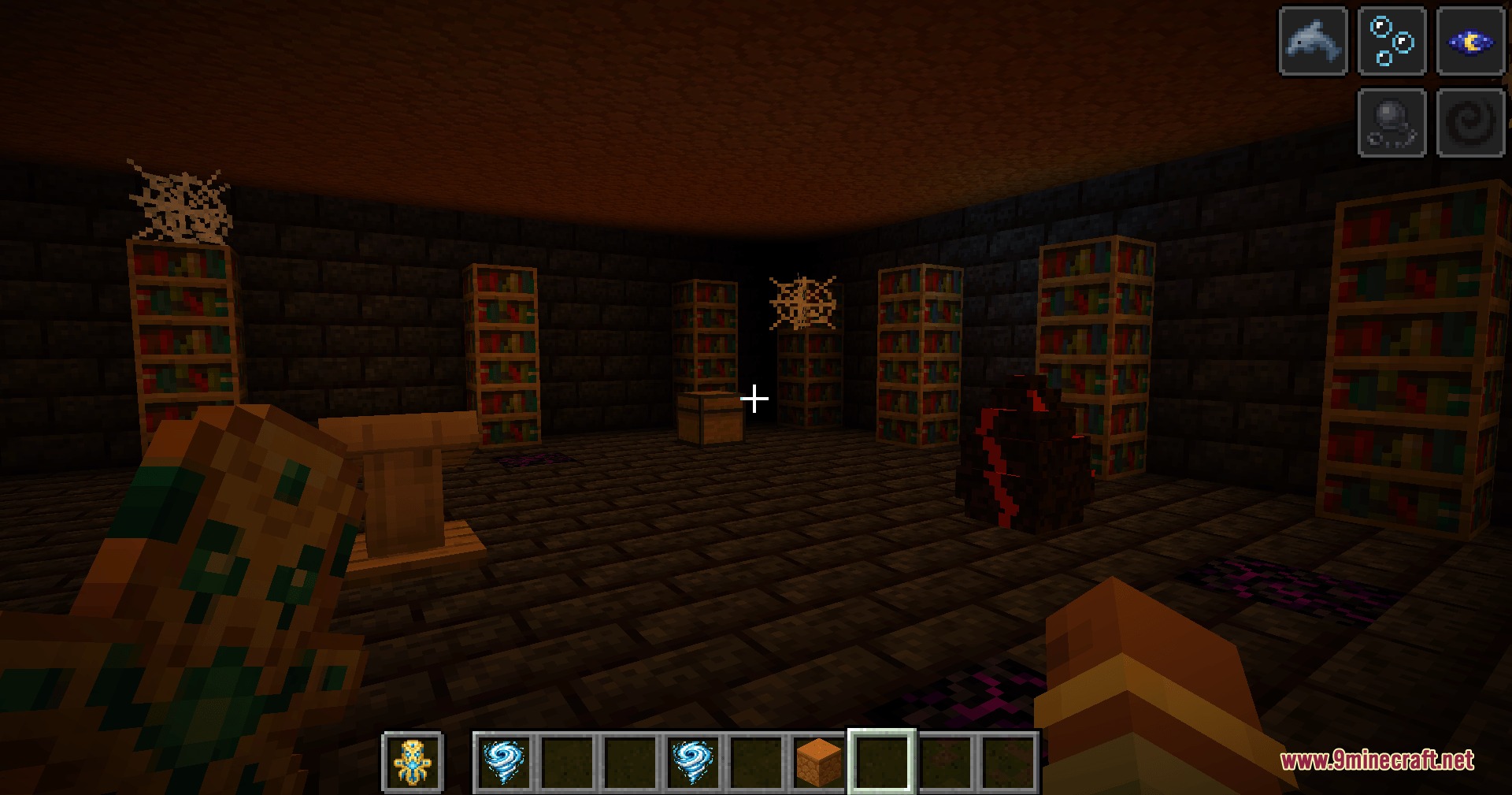 Hadopelagic Reach Mod Screenshot 6 A dark room with bookshelves and a large cracked Kraken egg inside