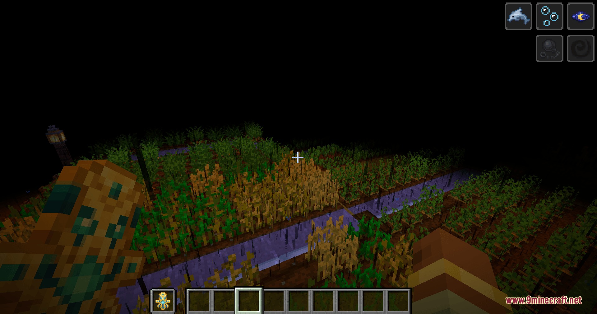 Hadopelagic Reach Mod Screenshot 8 A farm with crops growing in the dark environment of the Abyssal dimension
