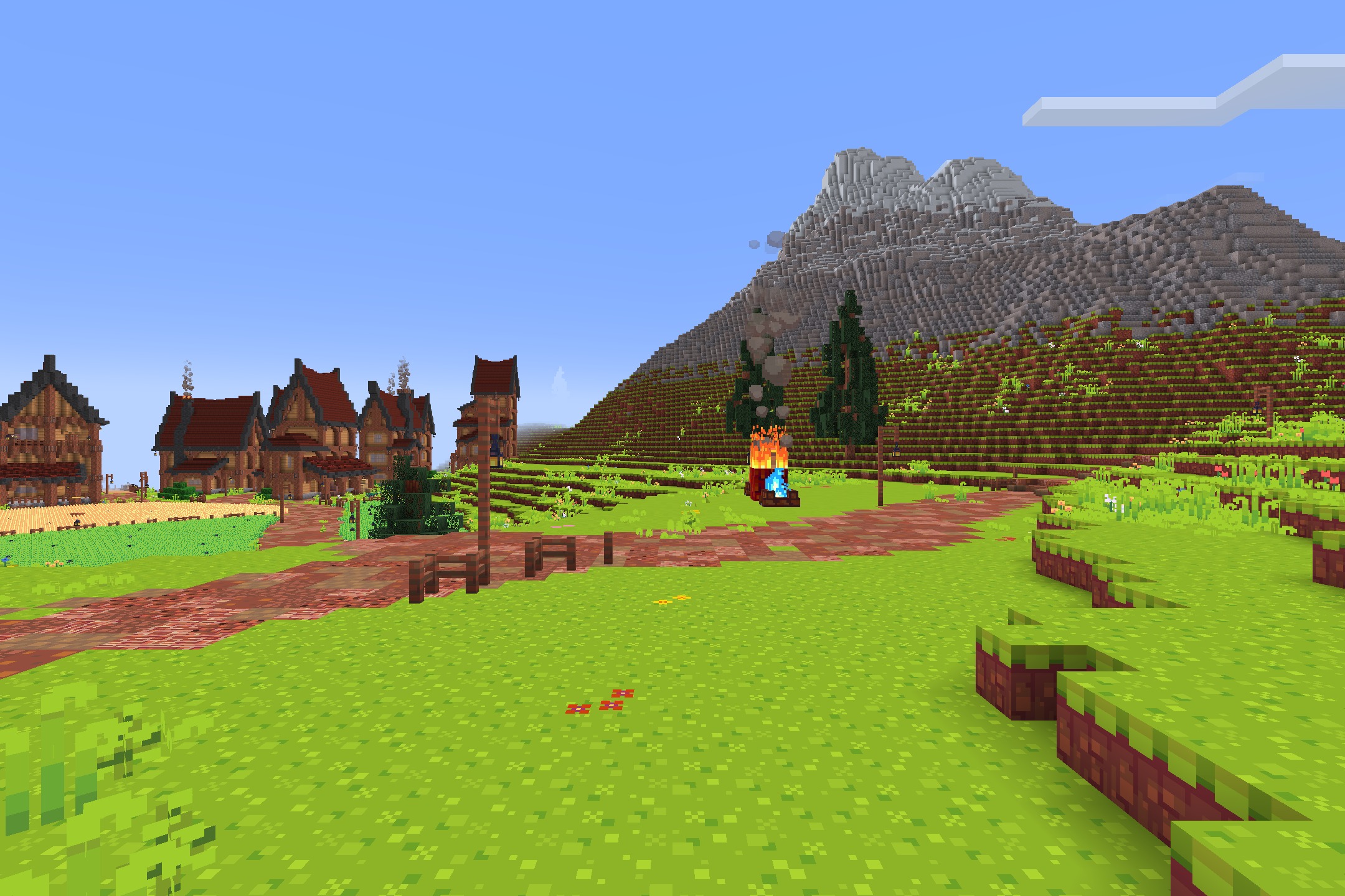 Hafen - Simplistic Resource Pack Screenshot 2 A peaceful village near a large mountain with a colorful burning campfire