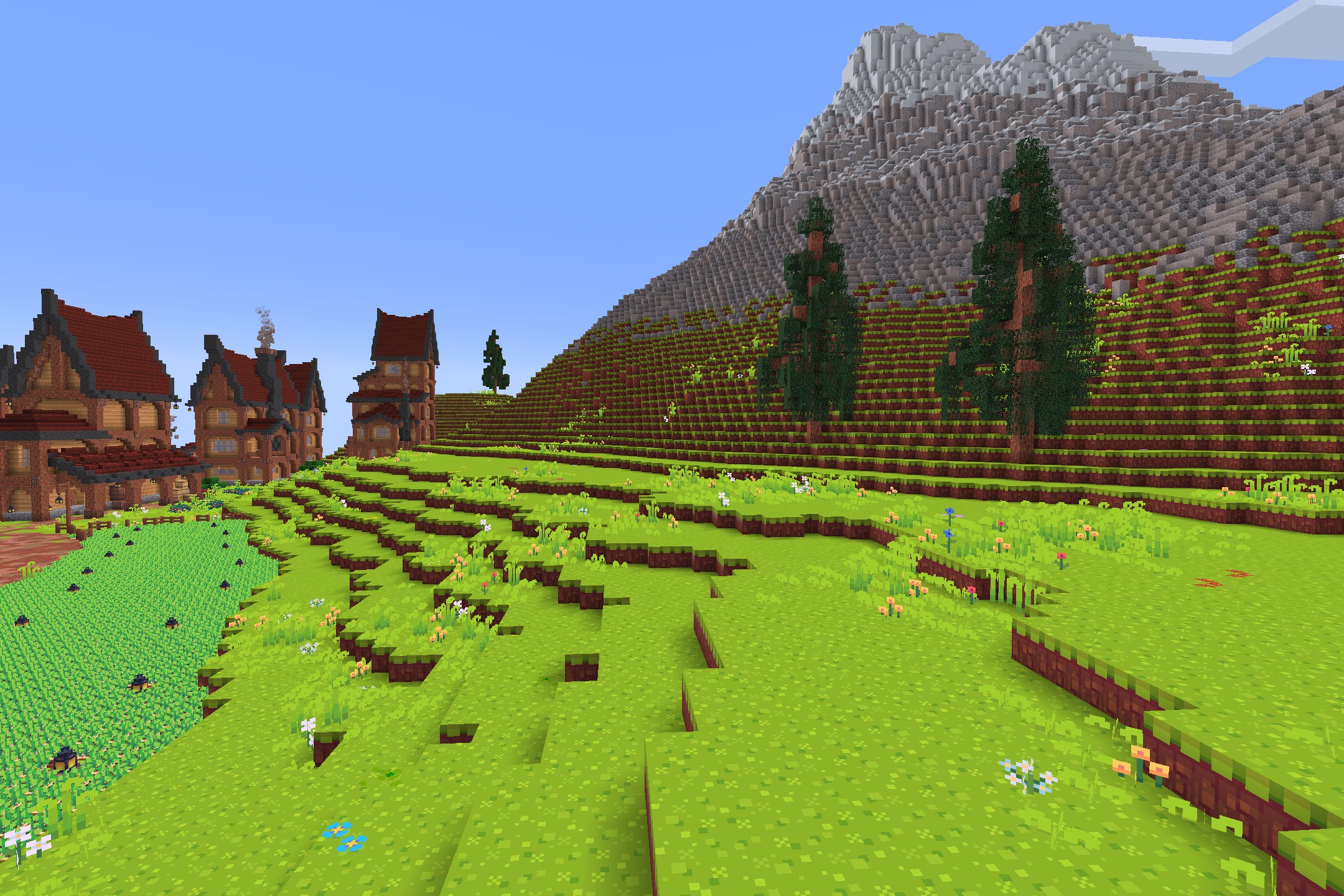 Hafen - Simplistic Resource Pack Screenshot 4 Scenic landscape with terraced hills and stylized trees near a large stone mountain