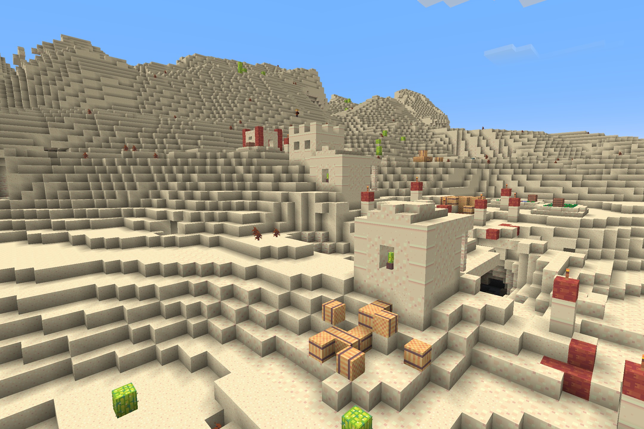 Hafen - Simplistic Resource Pack Screenshot 5 A desert village with simplified sandstone houses and barrels under blue skies