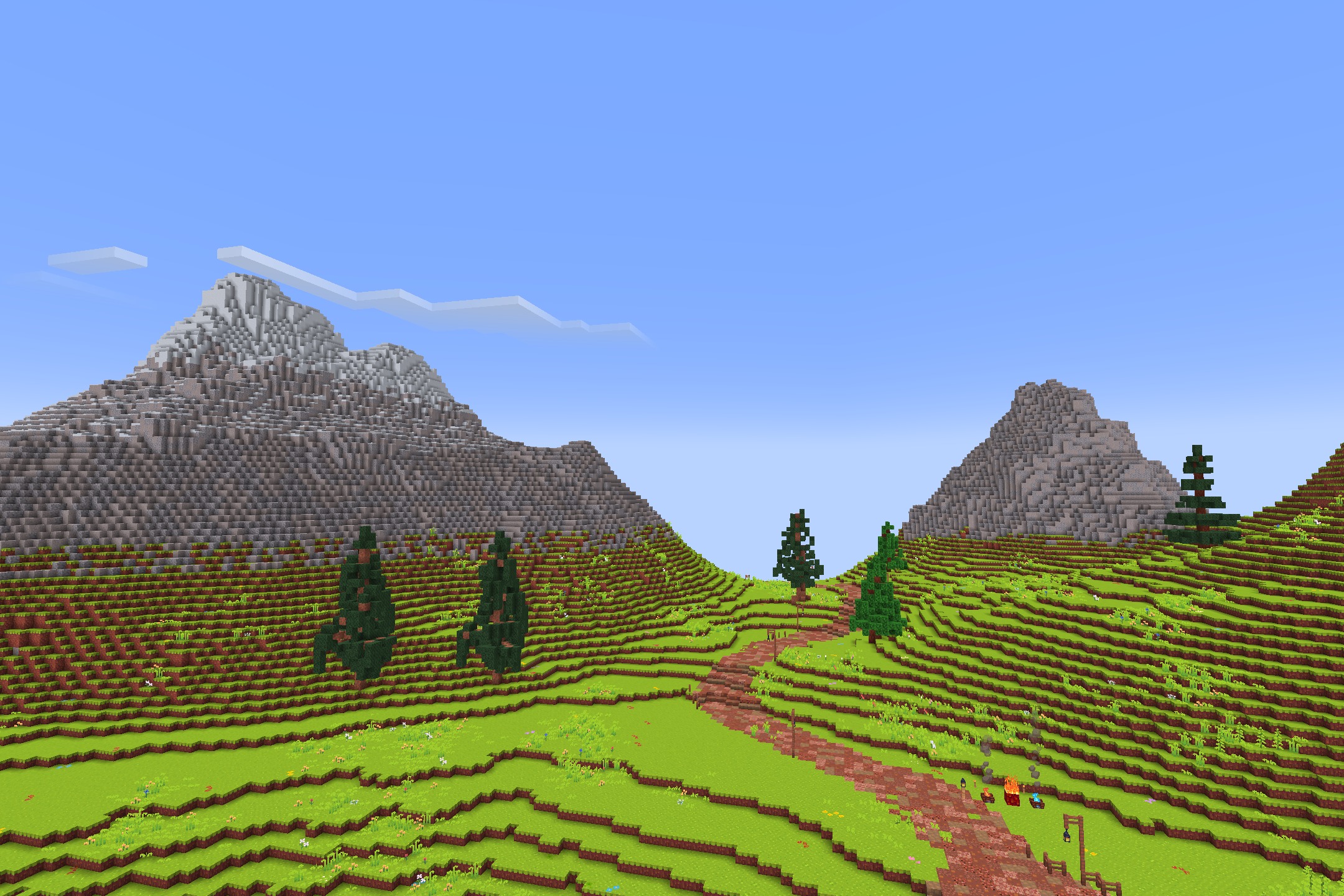 Hafen - Simplistic Resource Pack Screenshot 6 Lush green hills and pine trees with a path leading to mountains