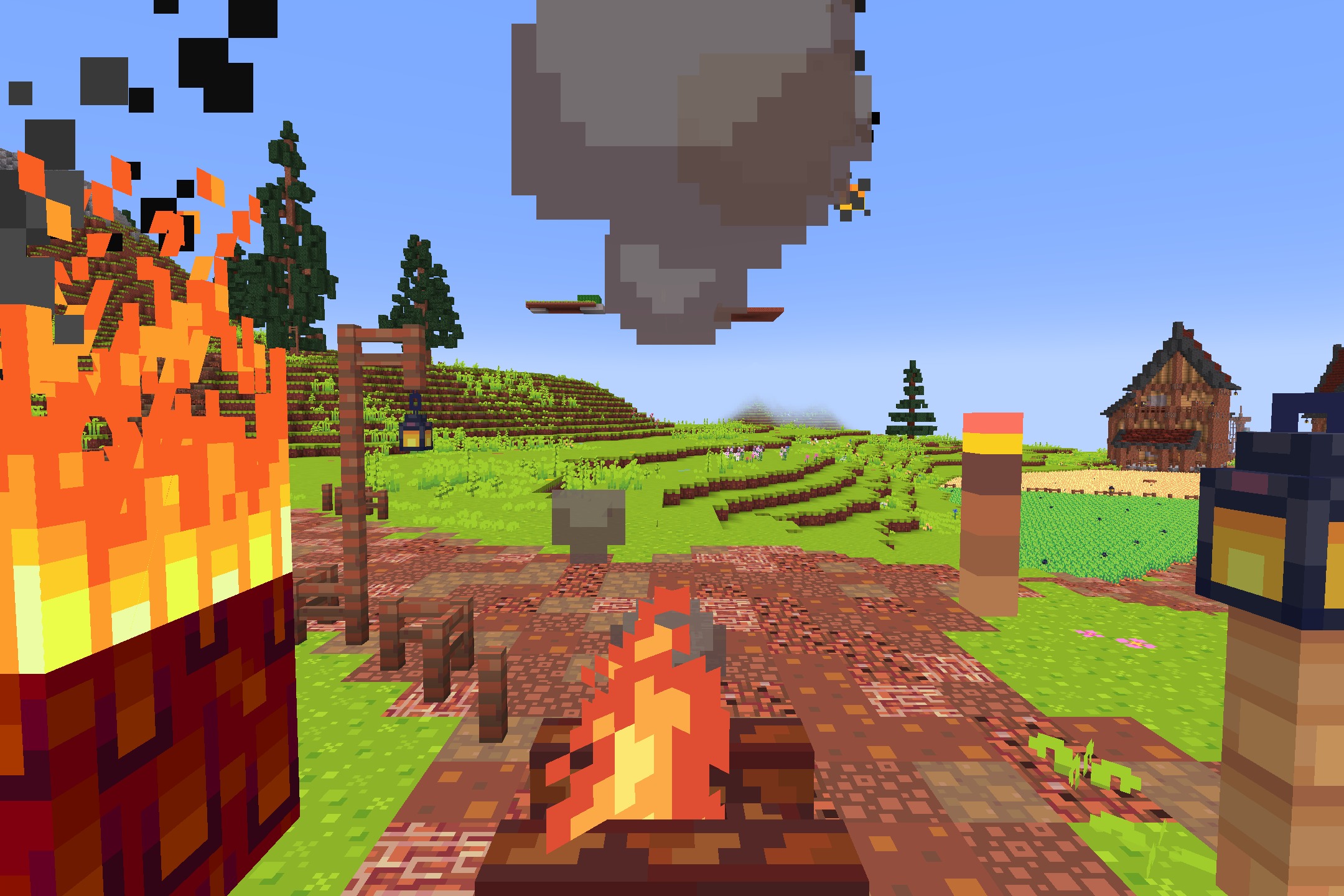 Hafen - Simplistic Resource Pack Screenshot 8 Campfires burn in a vibrant green field with a stylized floating cloud above