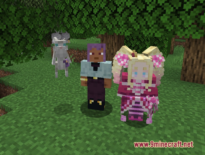 Hah Ueuh Re Zero Mod Screenshot 6 A Minecraft character standing with Beatrice and Puck in a forest