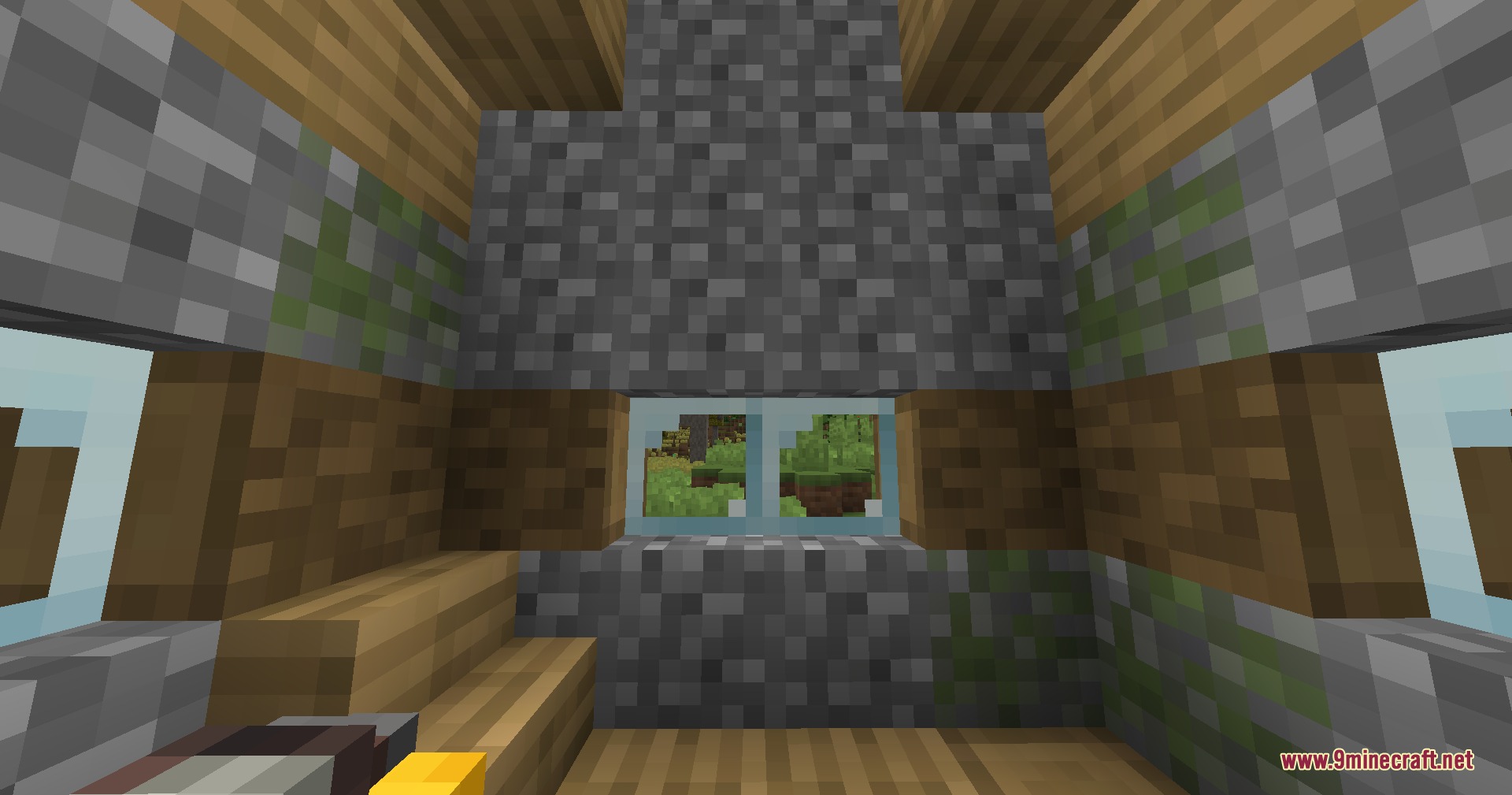 A view inside a house with small scale cobblestone and wood textures