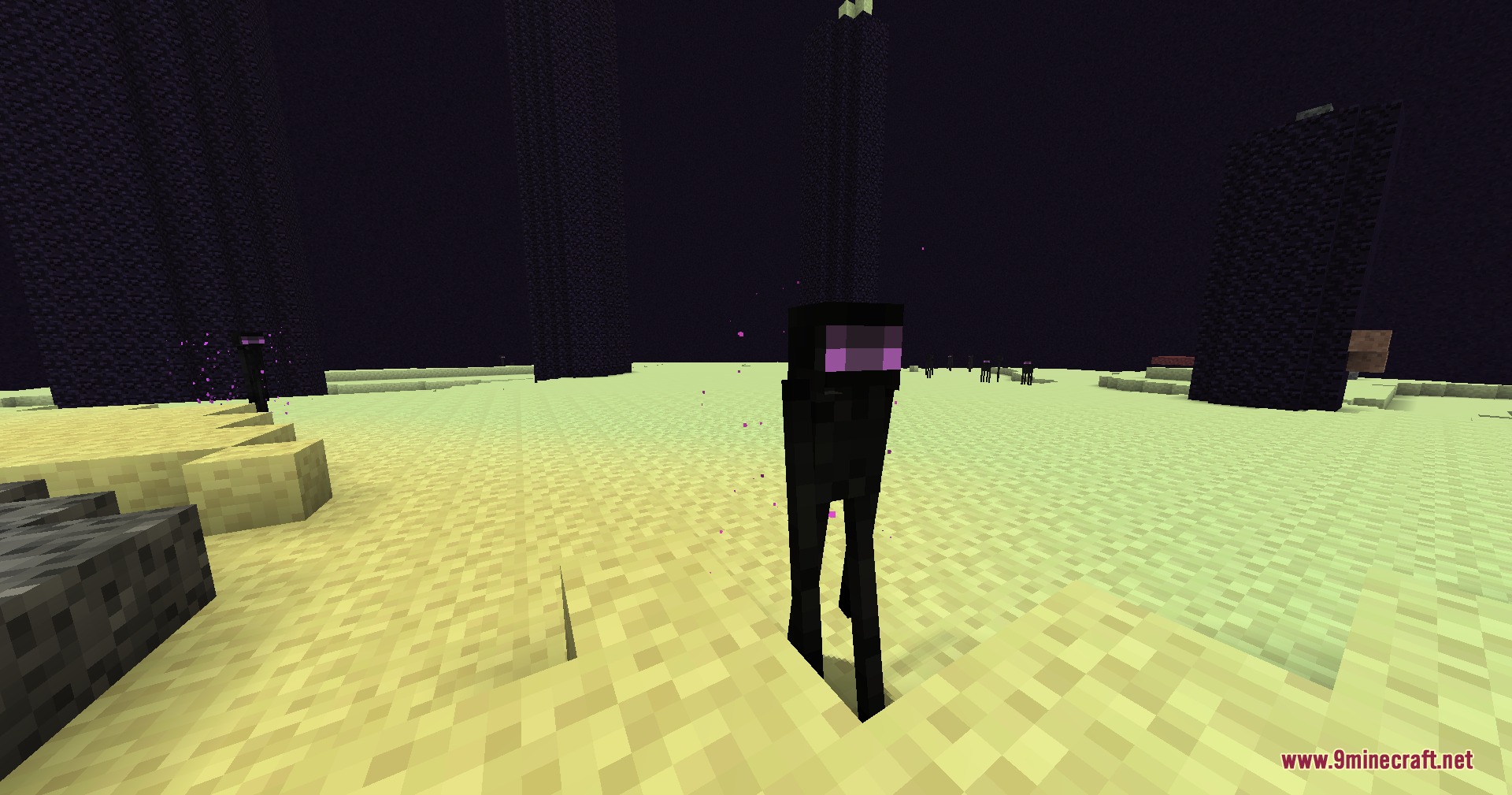 A short Enderman mob standing on End Stone in the End dimension