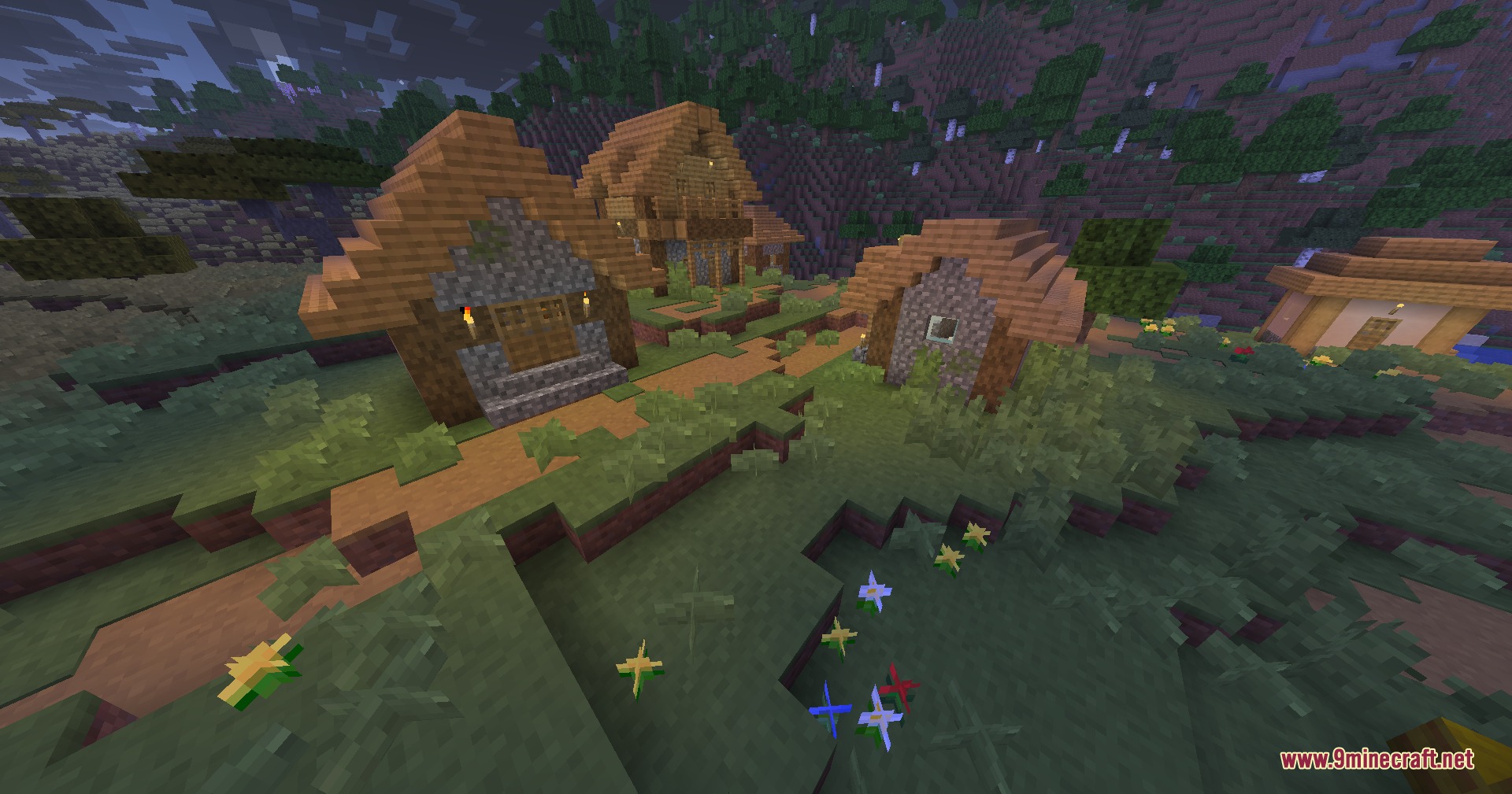 A small Minecraft village at night featuring the Half Sized Resource Pack