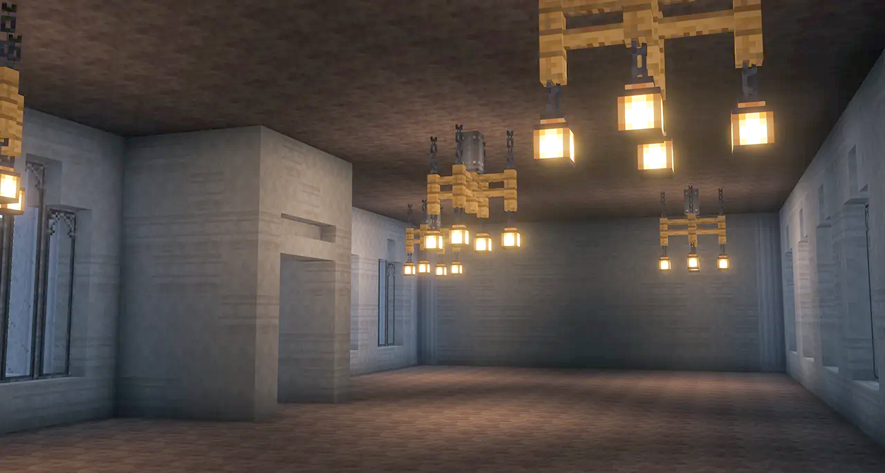 Interior of an empty hall with wooden chandeliers and large glass windows