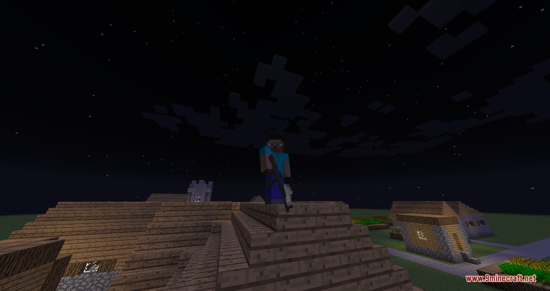 Hand Made Guns Overdrive Mod Screenshot 2 A player character stands on a wooden roof holding a rifle at night