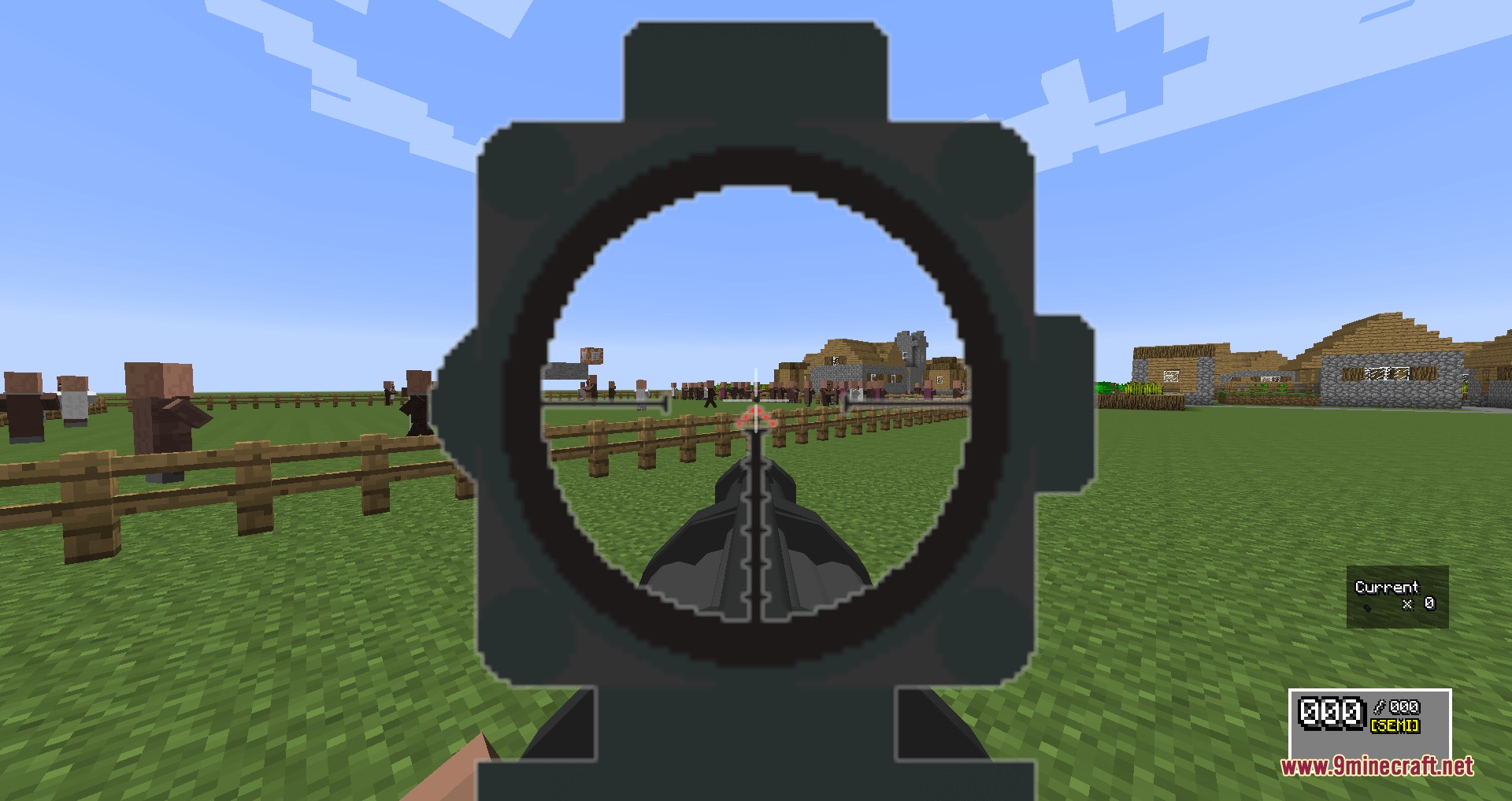 Hand Made Guns Overdrive Mod Screenshot 3 Aiming down the sights of a firearm at villagers in Minecraft