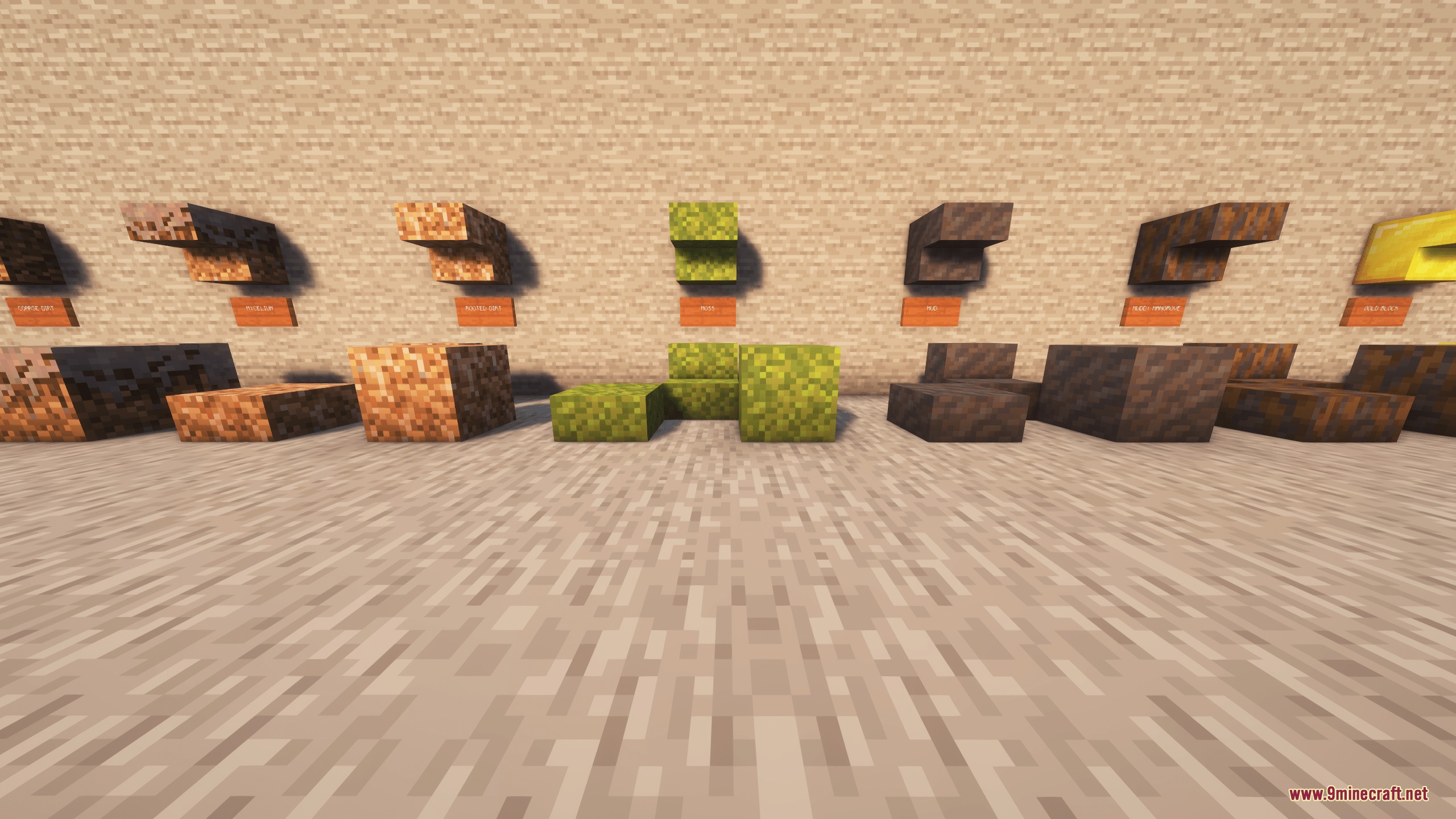 Handwerk AoE Tools Vein Miner Ore Variants & Building Blocks Mod Screenshot 1 Various ore variants and grass blocks displayed as stairs and slabs in Minecraft
