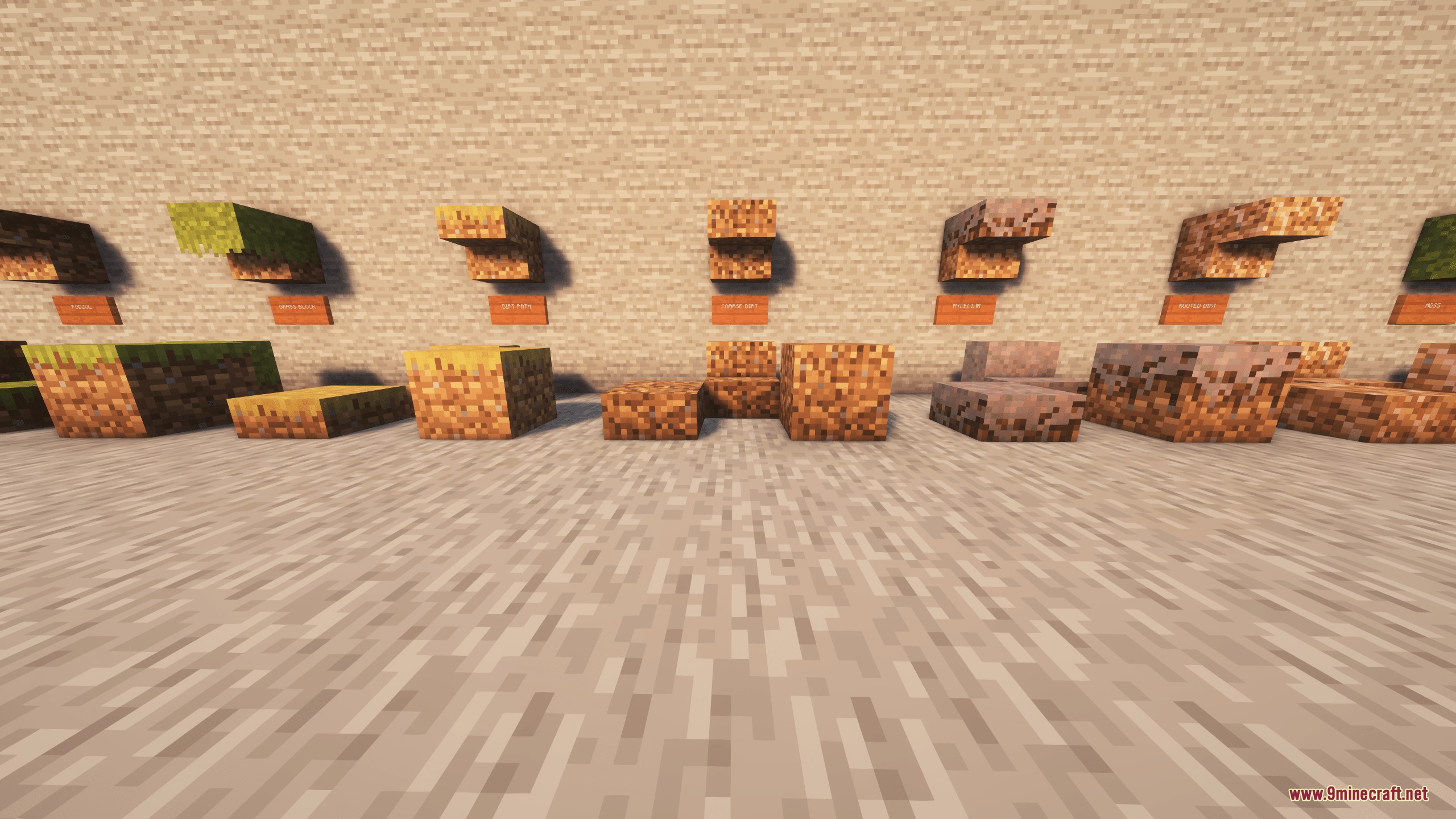 Handwerk AoE Tools Vein Miner Ore Variants & Building Blocks Mod Screenshot 3 Various grass and dirt block variants displayed as slabs and stairs against wall