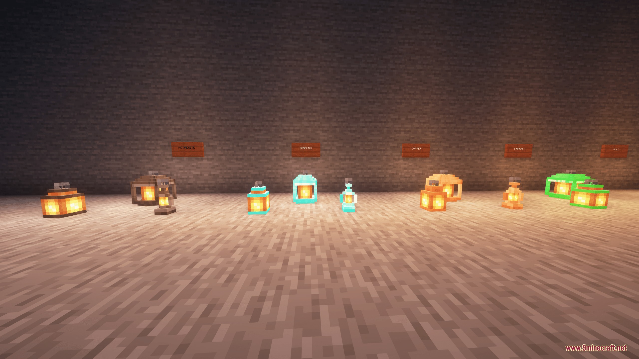 Handwerk AoE Tools Vein Miner Ore Variants & Building Blocks Mod Screenshot 7 A collection of glowing lanterns with different colors and designs in a room