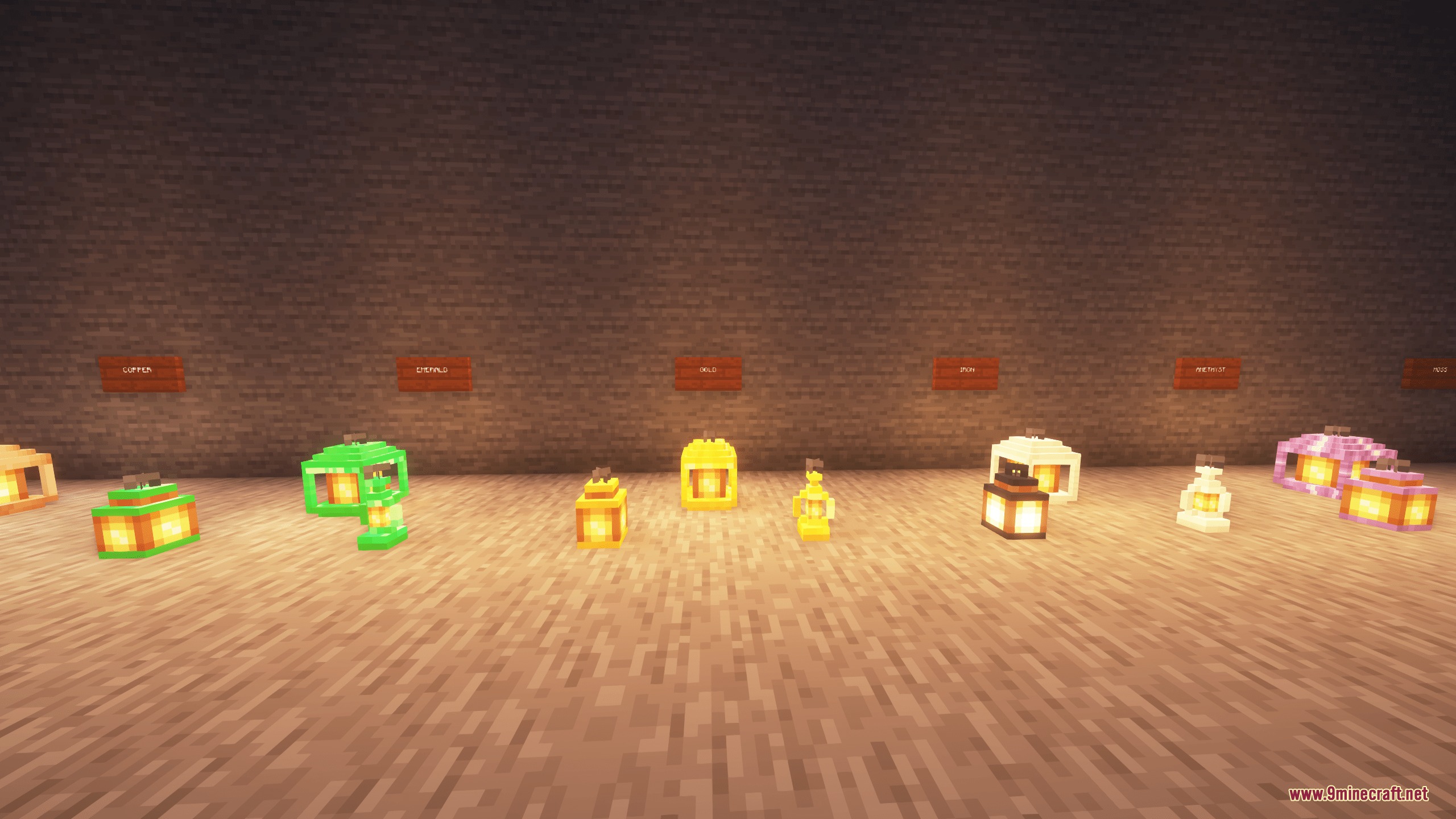 Handwerk AoE Tools Vein Miner Ore Variants & Building Blocks Mod Screenshot 8 Decorative lanterns made from emerald gold and amethyst ores shown in a row