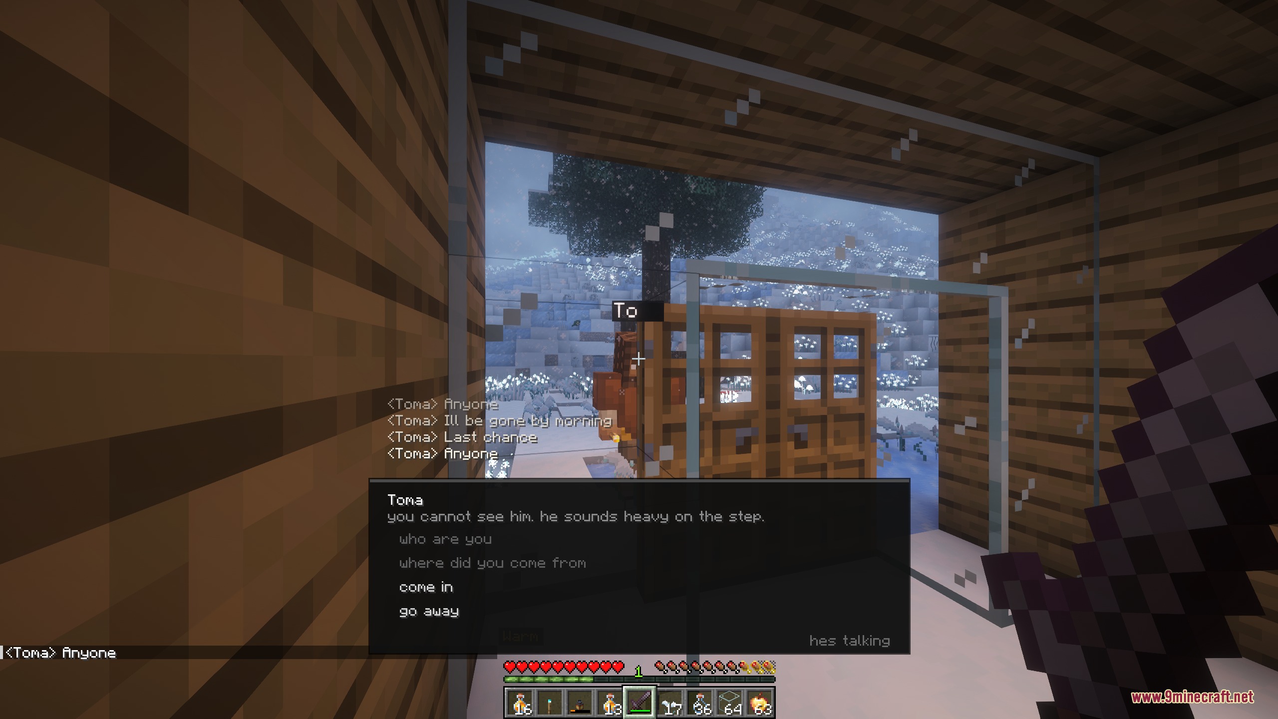 Player interacts with an NPC named Toma through a glass window