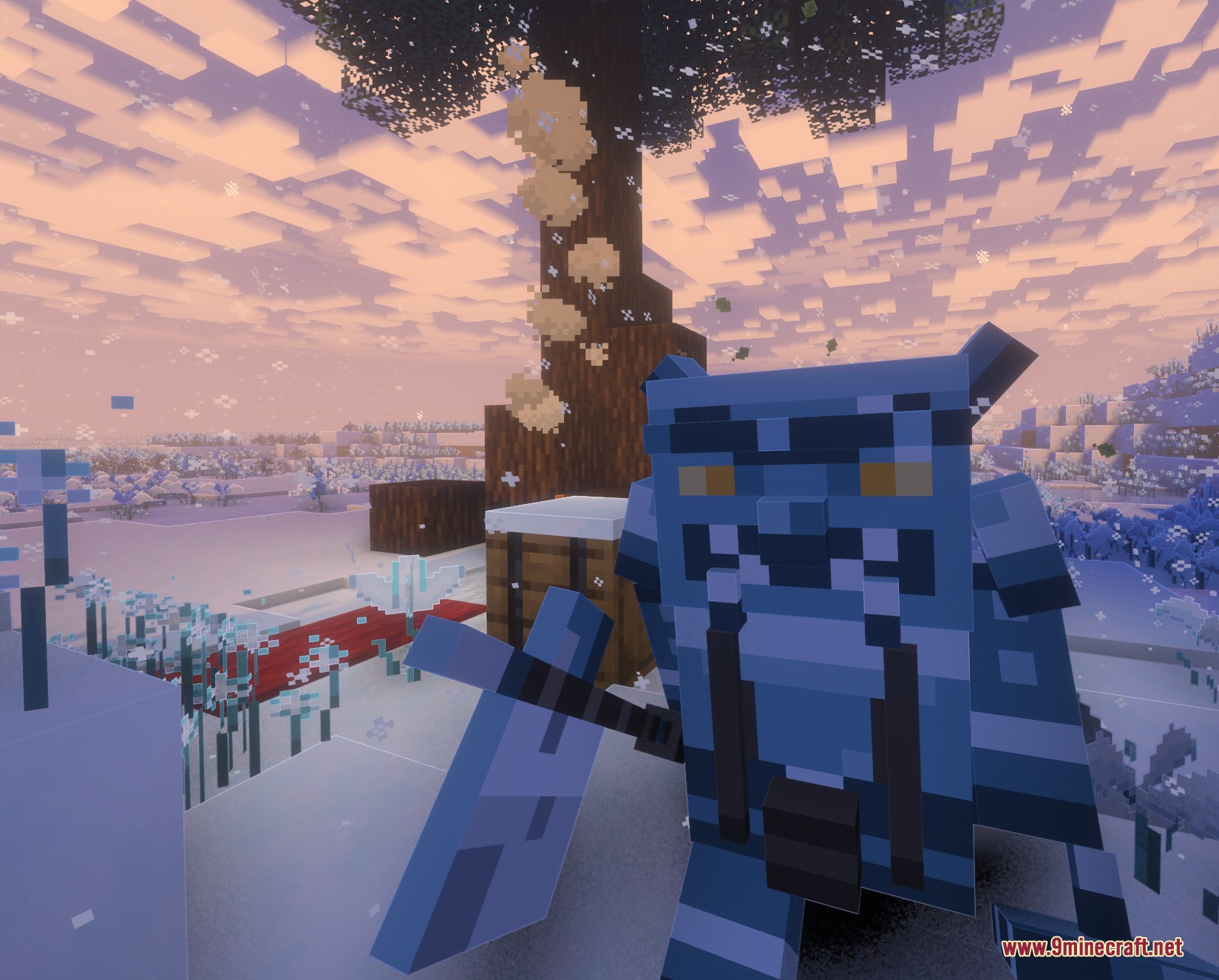 An icy goblin mob standing in a snowy landscape during a sunset
