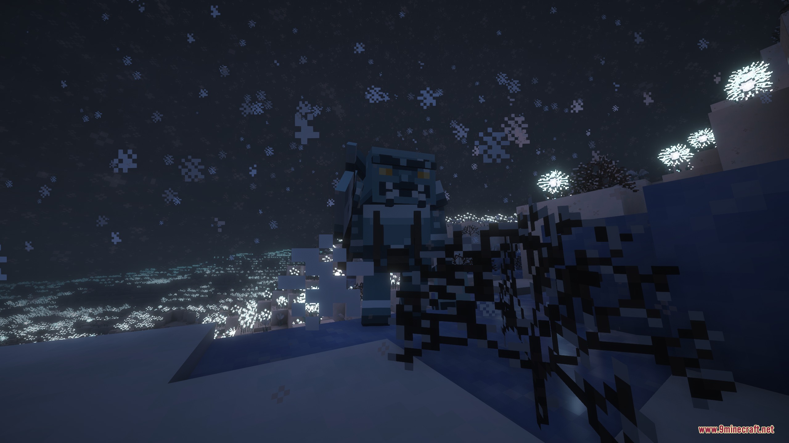 An icy goblin enemy stands in the snow during a heavy blizzard