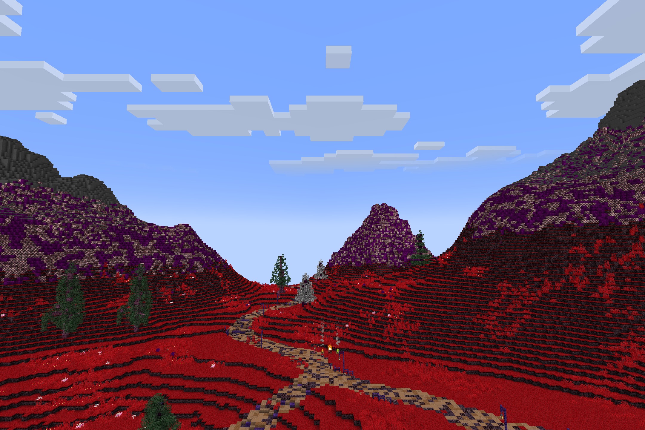 Hazbin Hotel + Helluva Boss Pack Resource Pack Screenshot 10 A stone path winds through red grass and purple hills in Minecraft