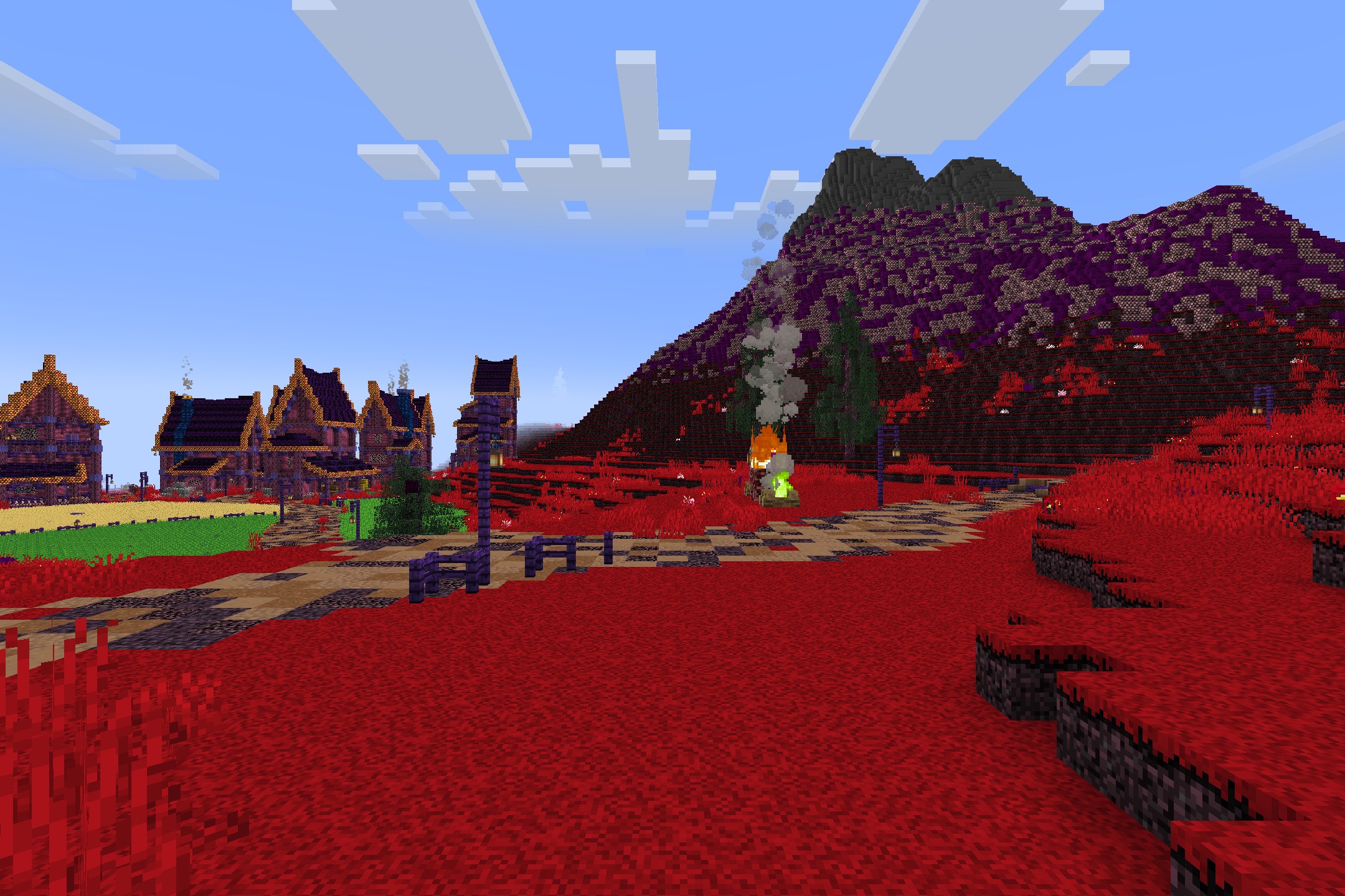 Hazbin Hotel + Helluva Boss Pack Resource Pack Screenshot 2 A village with dark buildings situated in a bright red grass landscape