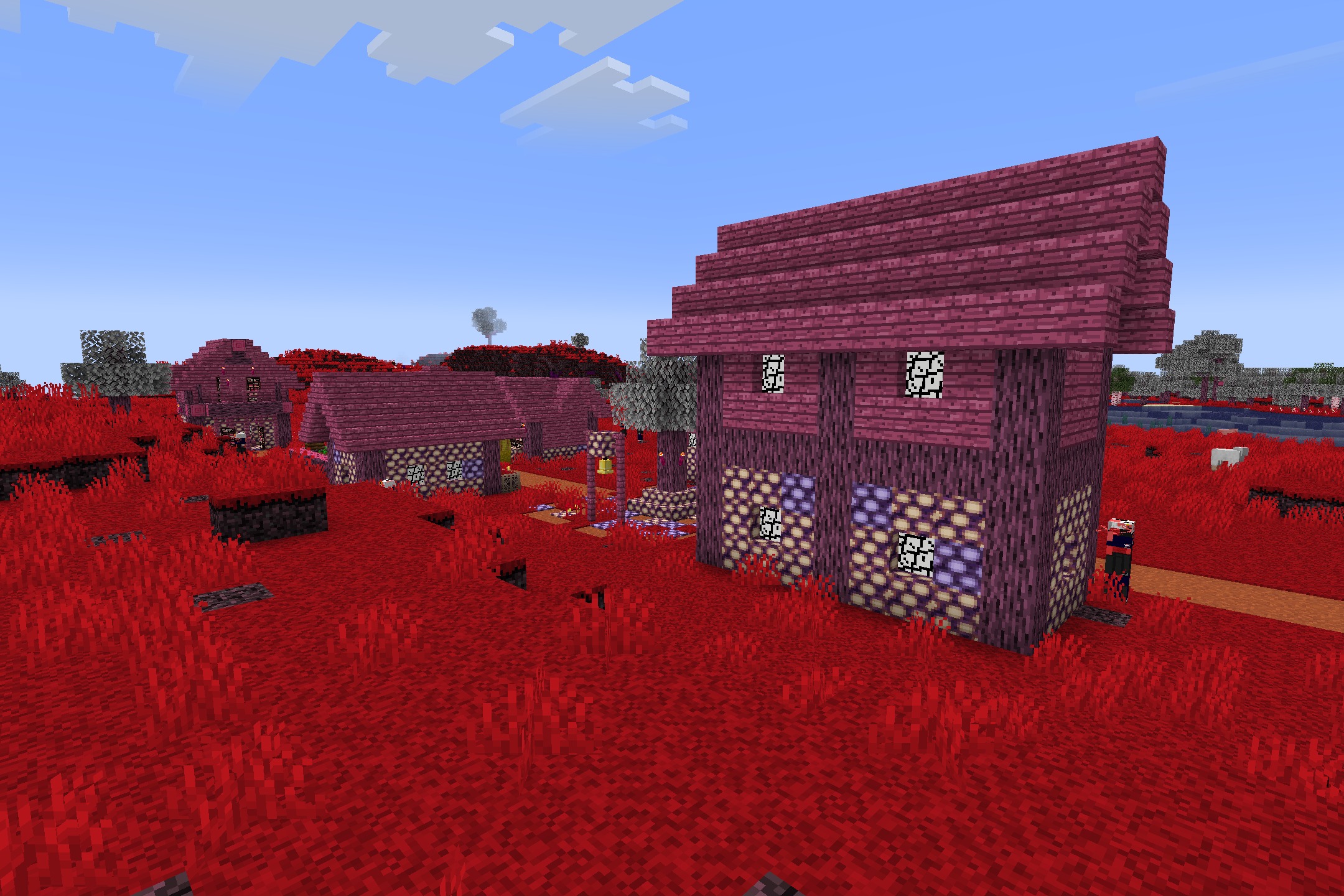Hazbin Hotel + Helluva Boss Pack Resource Pack Screenshot 3 Minecraft village with red grass and purple wooden houses under a clear sky